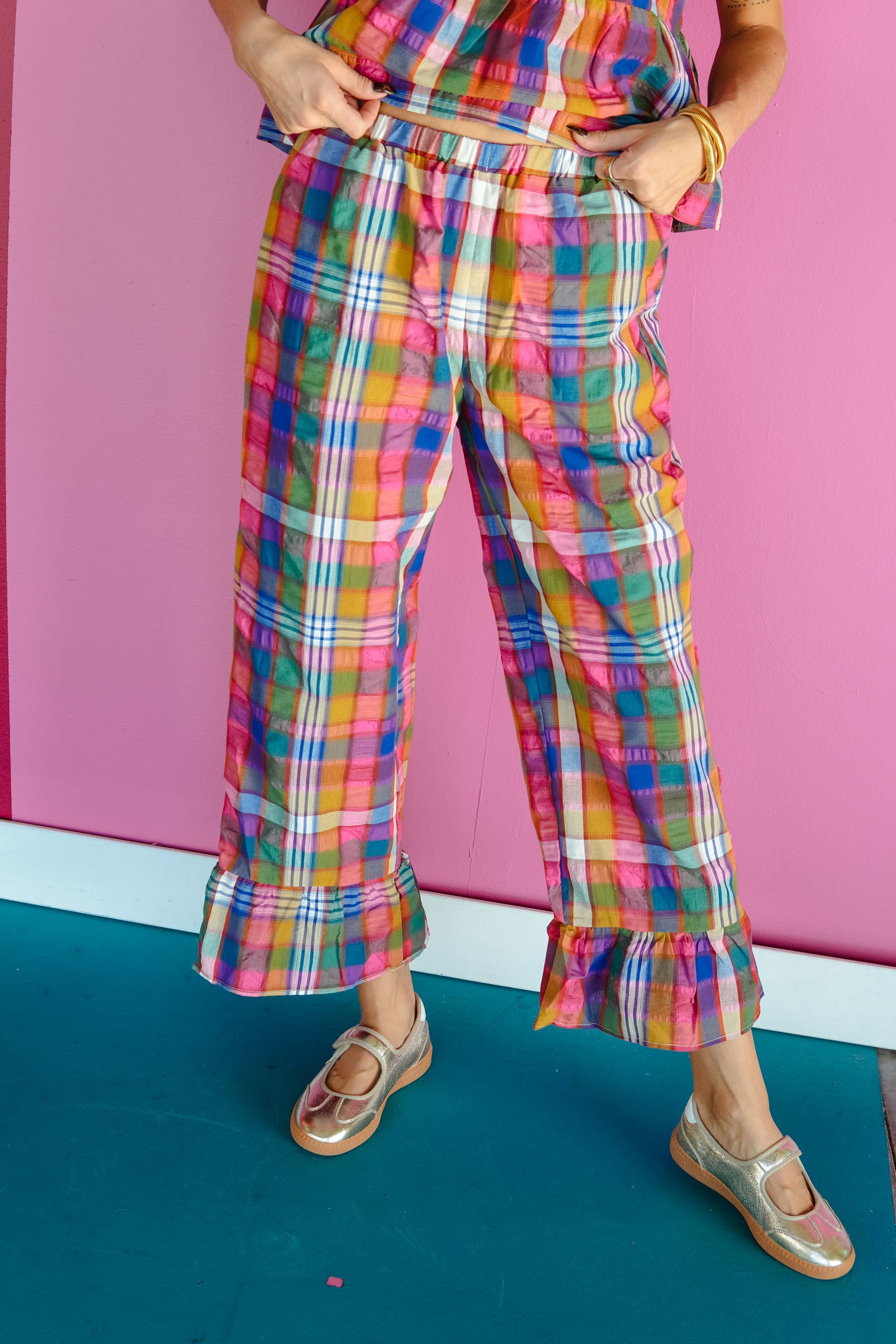 Quite the Catch Plaid Ruffle Pants - Multi