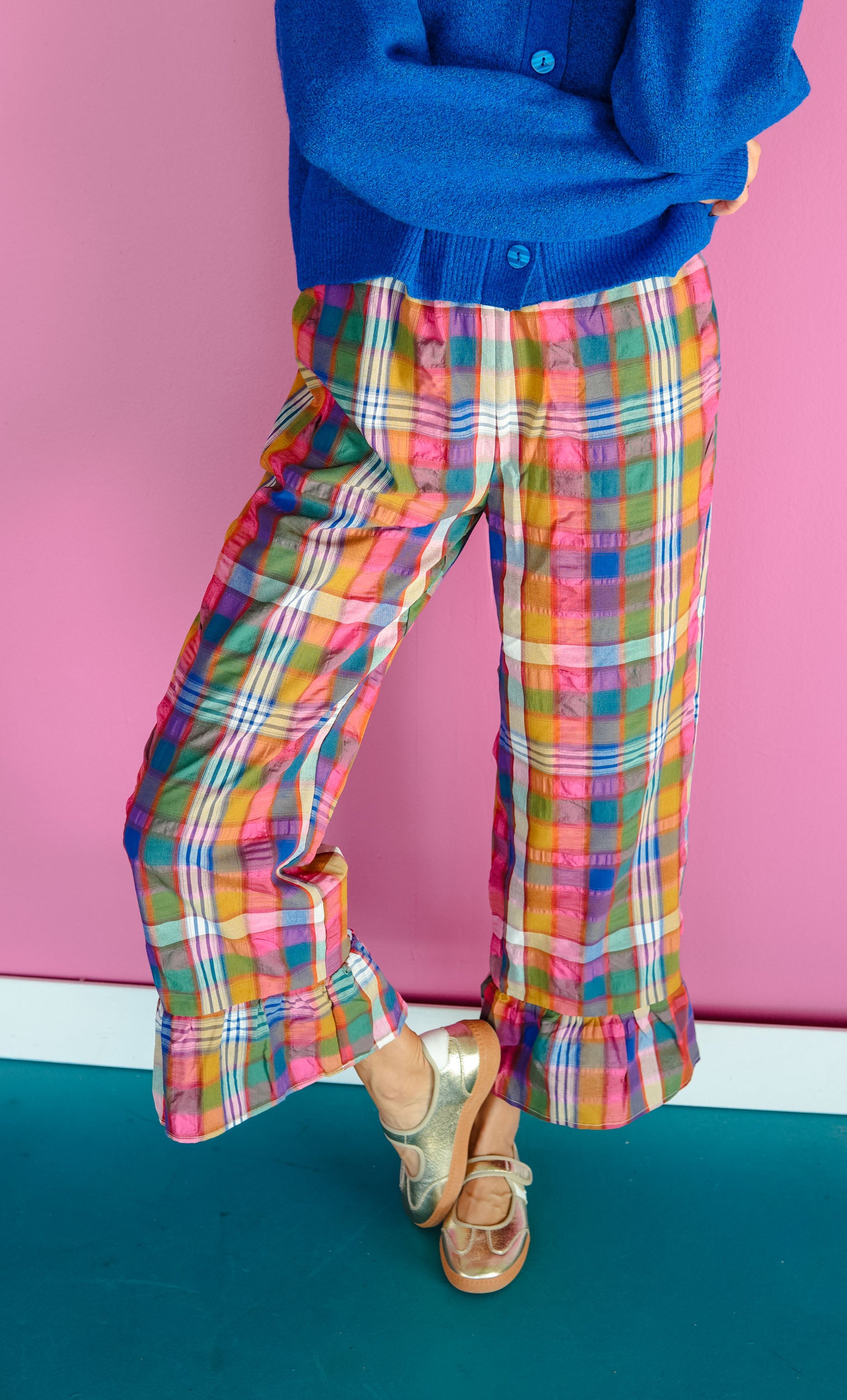 Quite the Catch Plaid Ruffle Pants - Multi