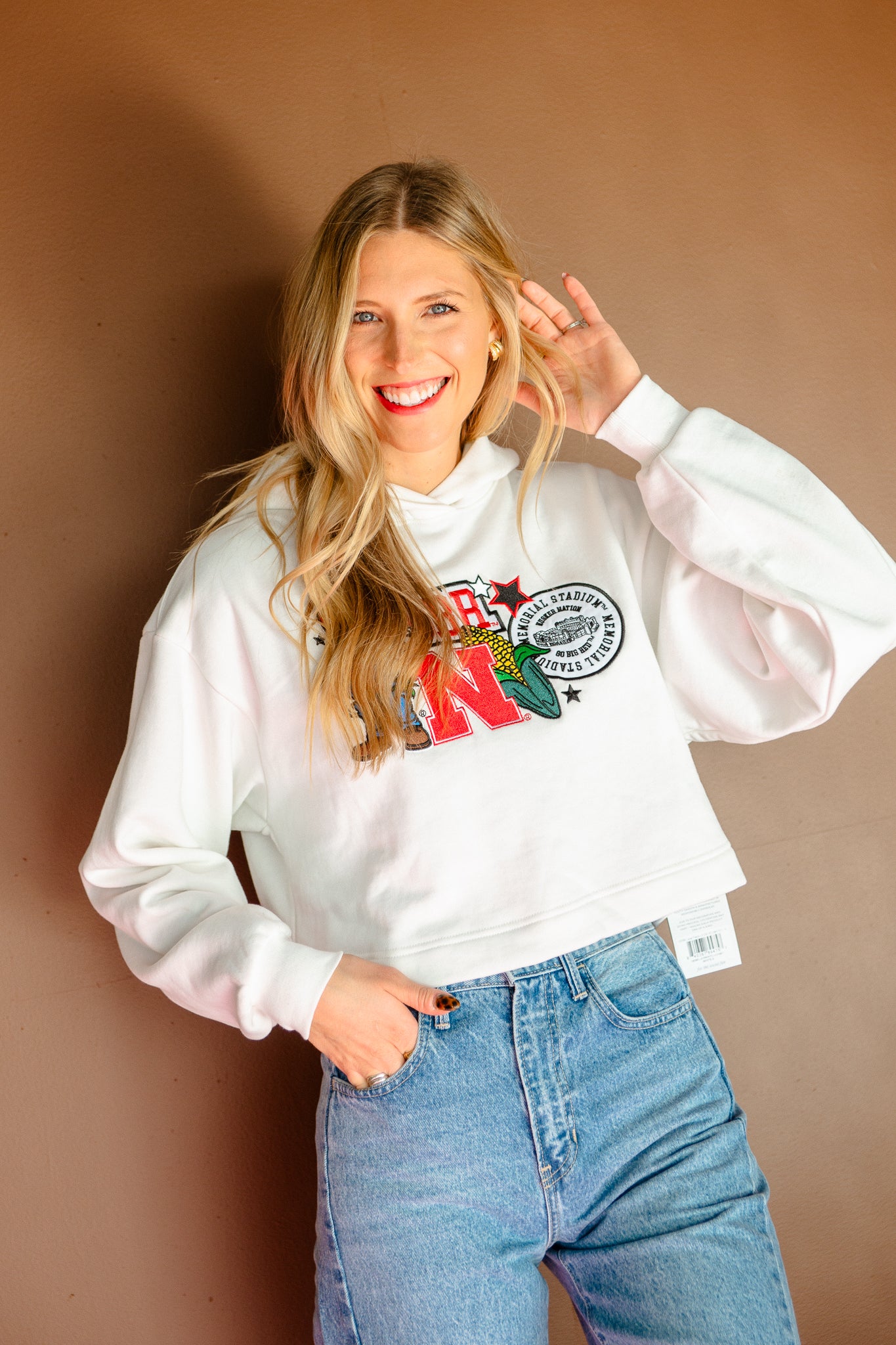 Big Red Nebraska Patch Crop Hoodie - Soft White/Ivory