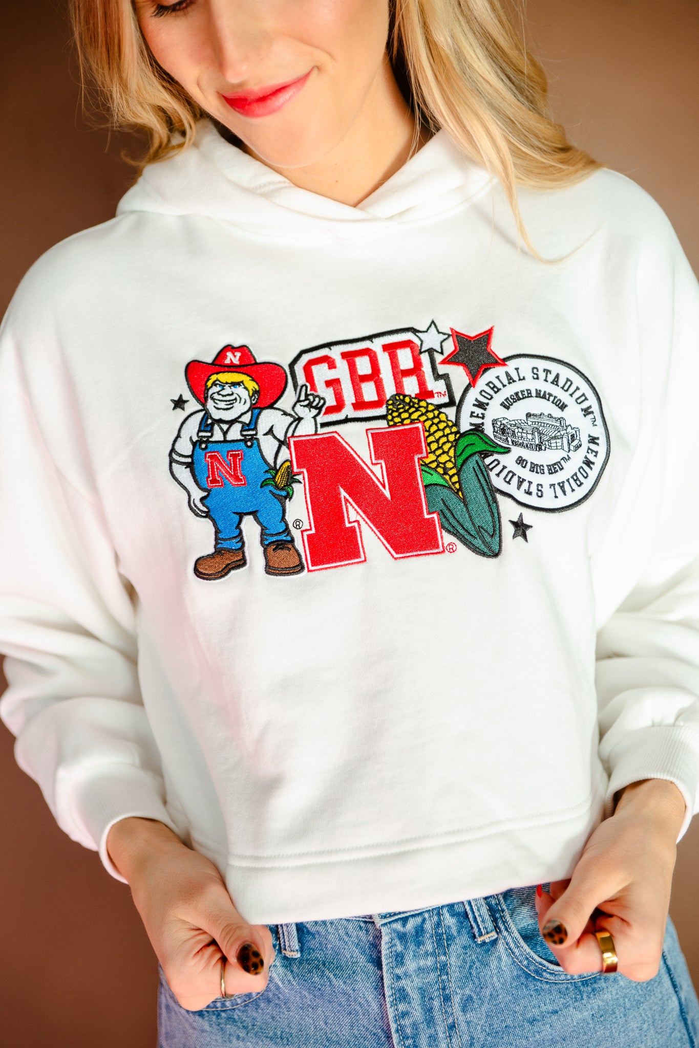 Big Red Nebraska Patch Crop Hoodie - Soft White/Ivory