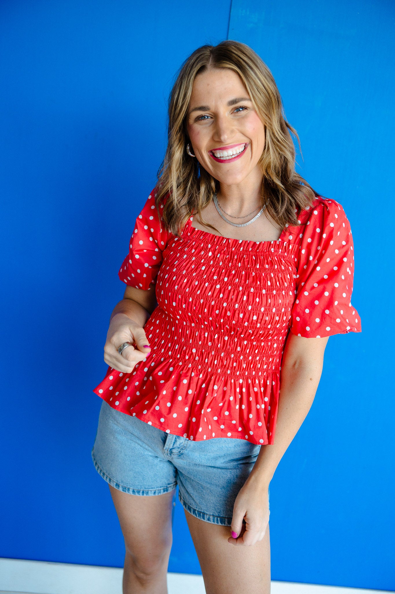 Dolly Smocked Peplum Top - Coral Red