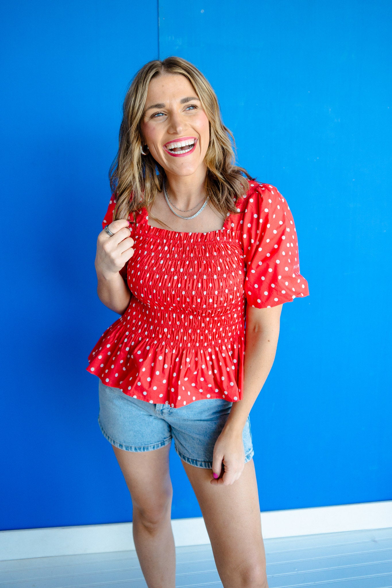 Dolly Smocked Peplum Top - Coral Red
