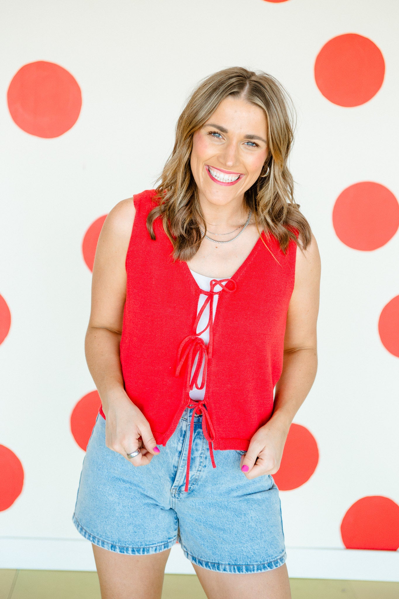 Mimi Front Tie Vest - Coral Red