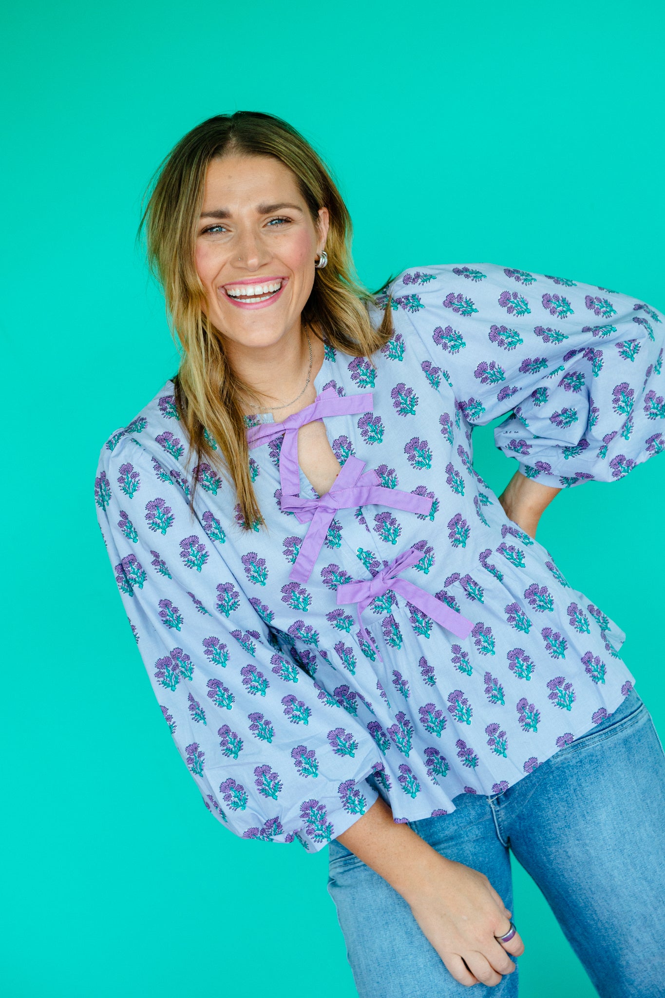 Zinnia Balloon Sleeve Blouse - Lavender + Jade