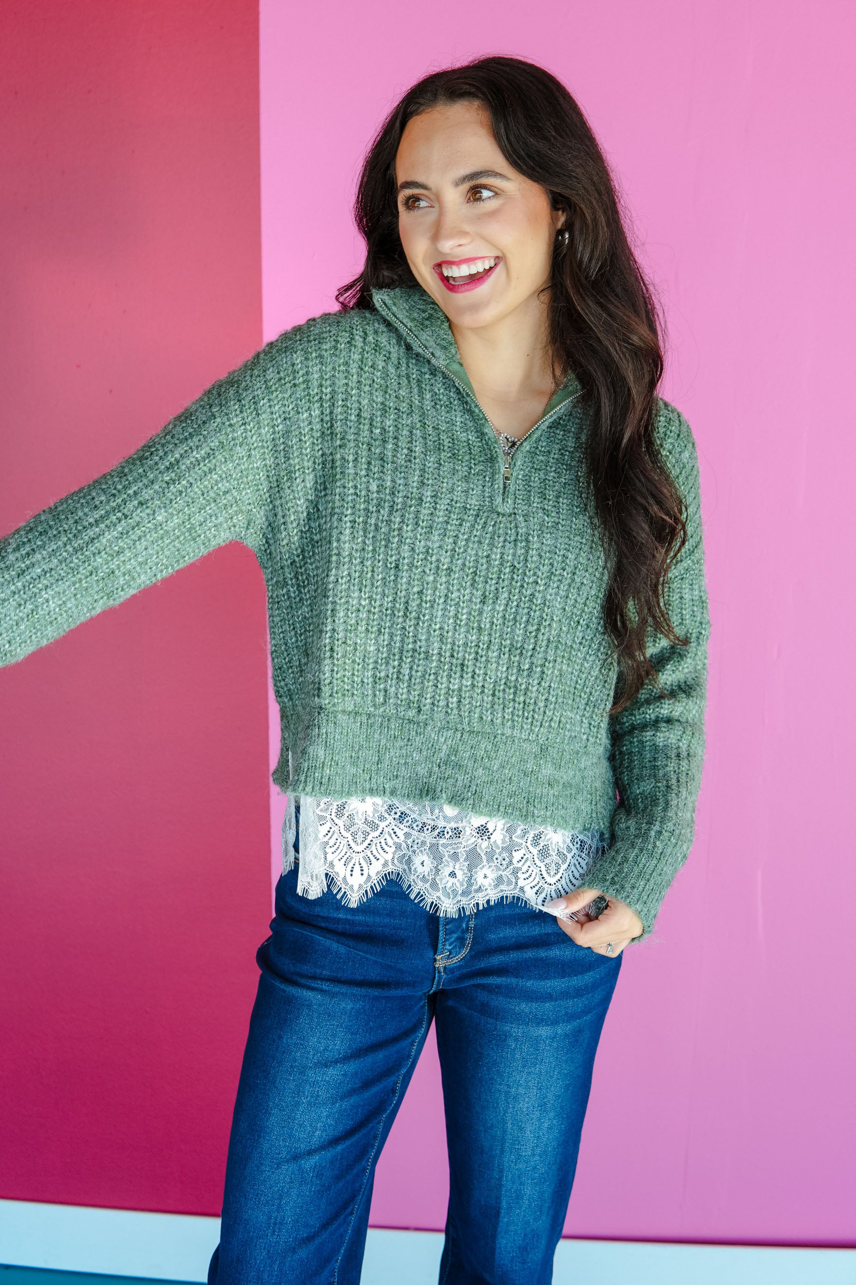 Picture Perfect Lace Detail Sweater - Cool Green
