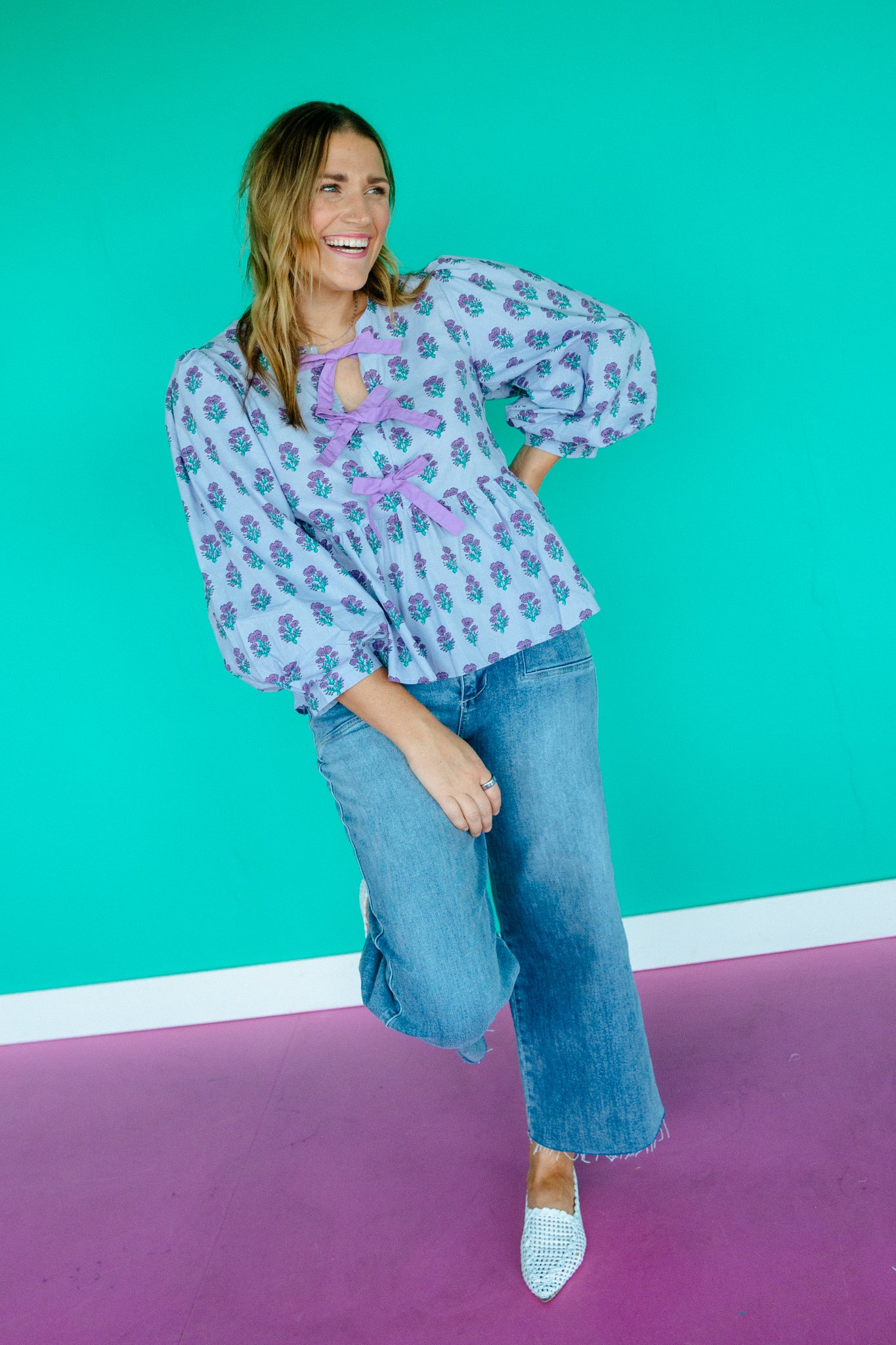 Zinnia Balloon Sleeve Blouse - Lavender + Jade