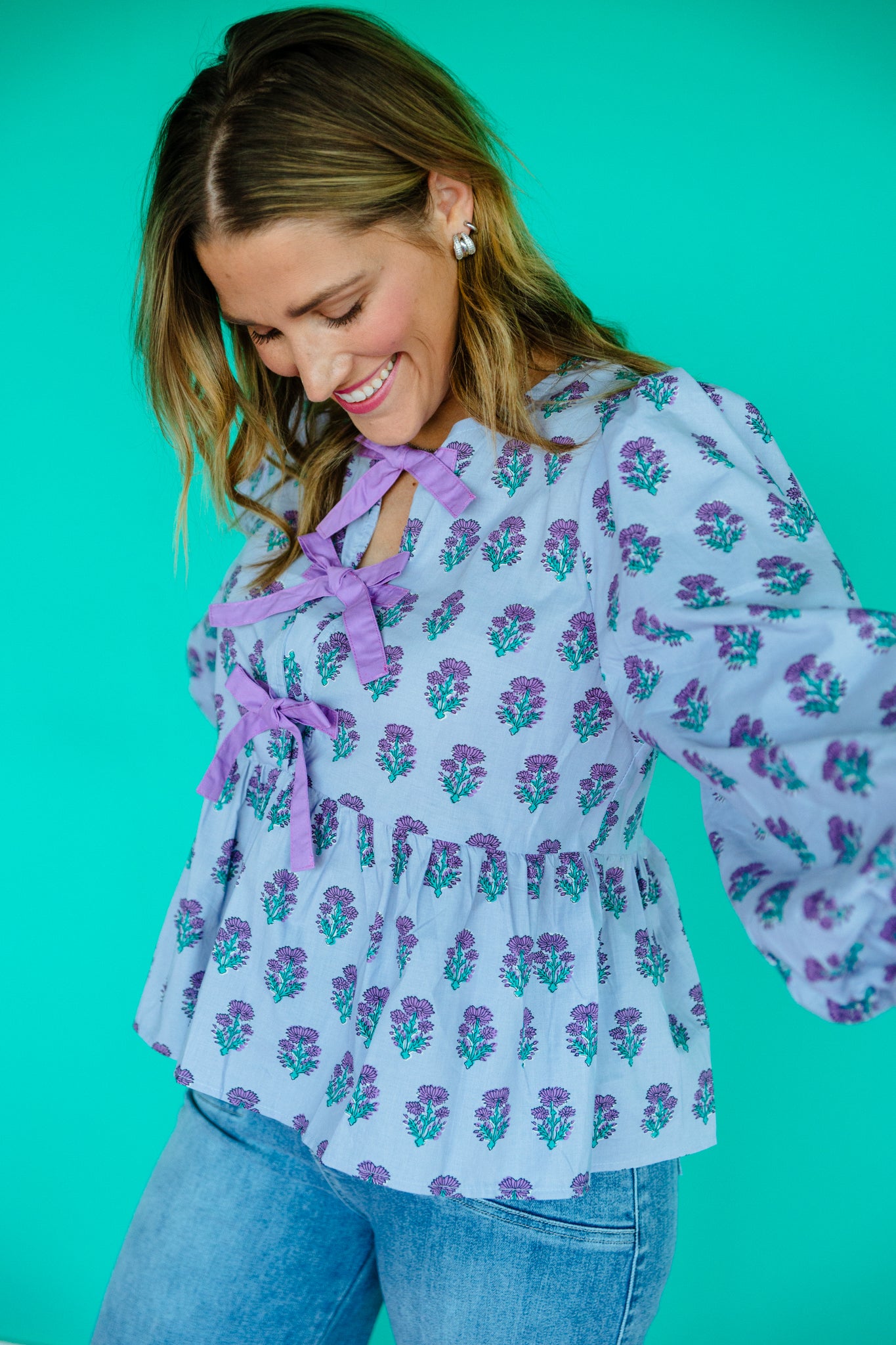 Zinnia Balloon Sleeve Blouse - Lavender + Jade