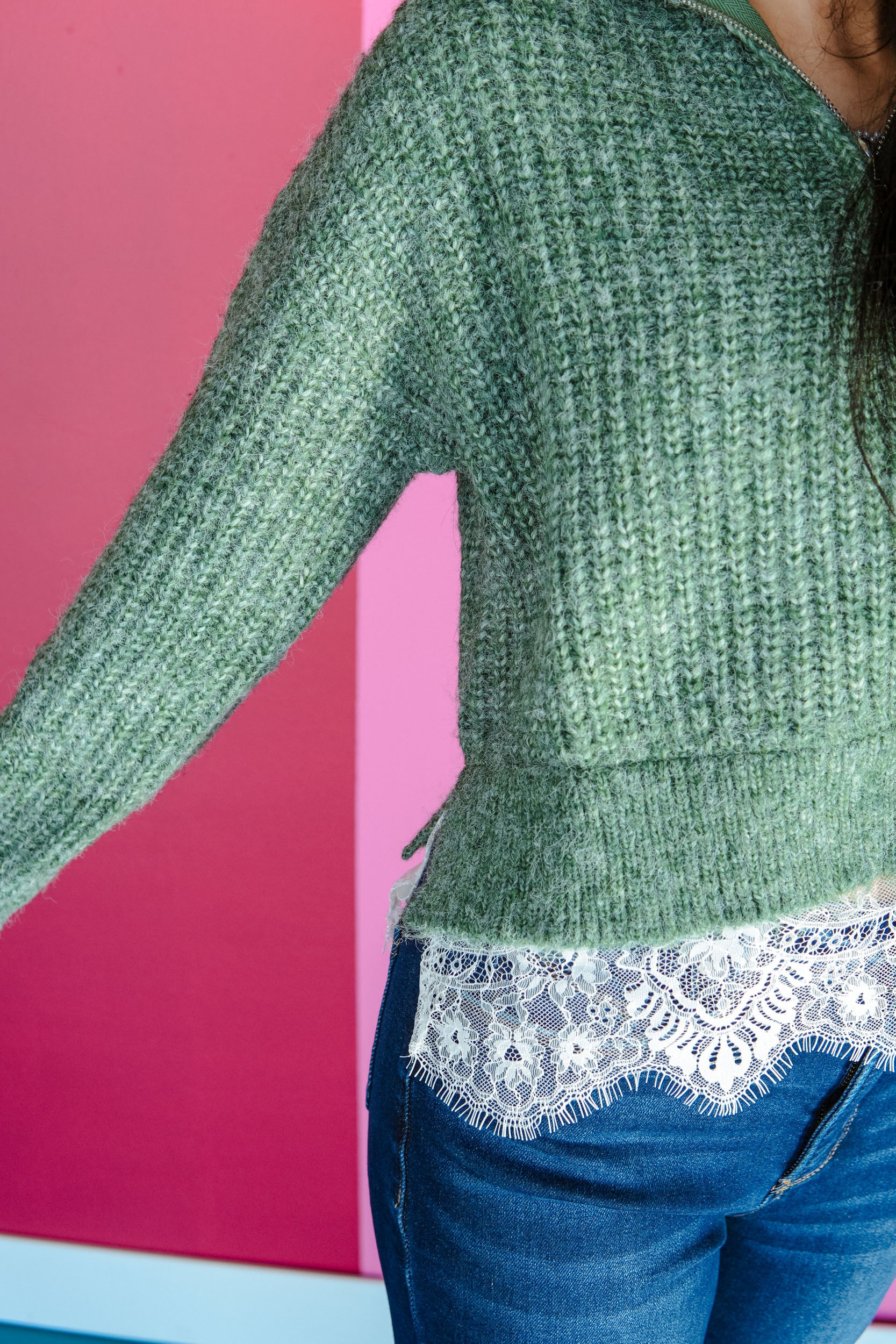Picture Perfect Lace Detail Sweater - Cool Green