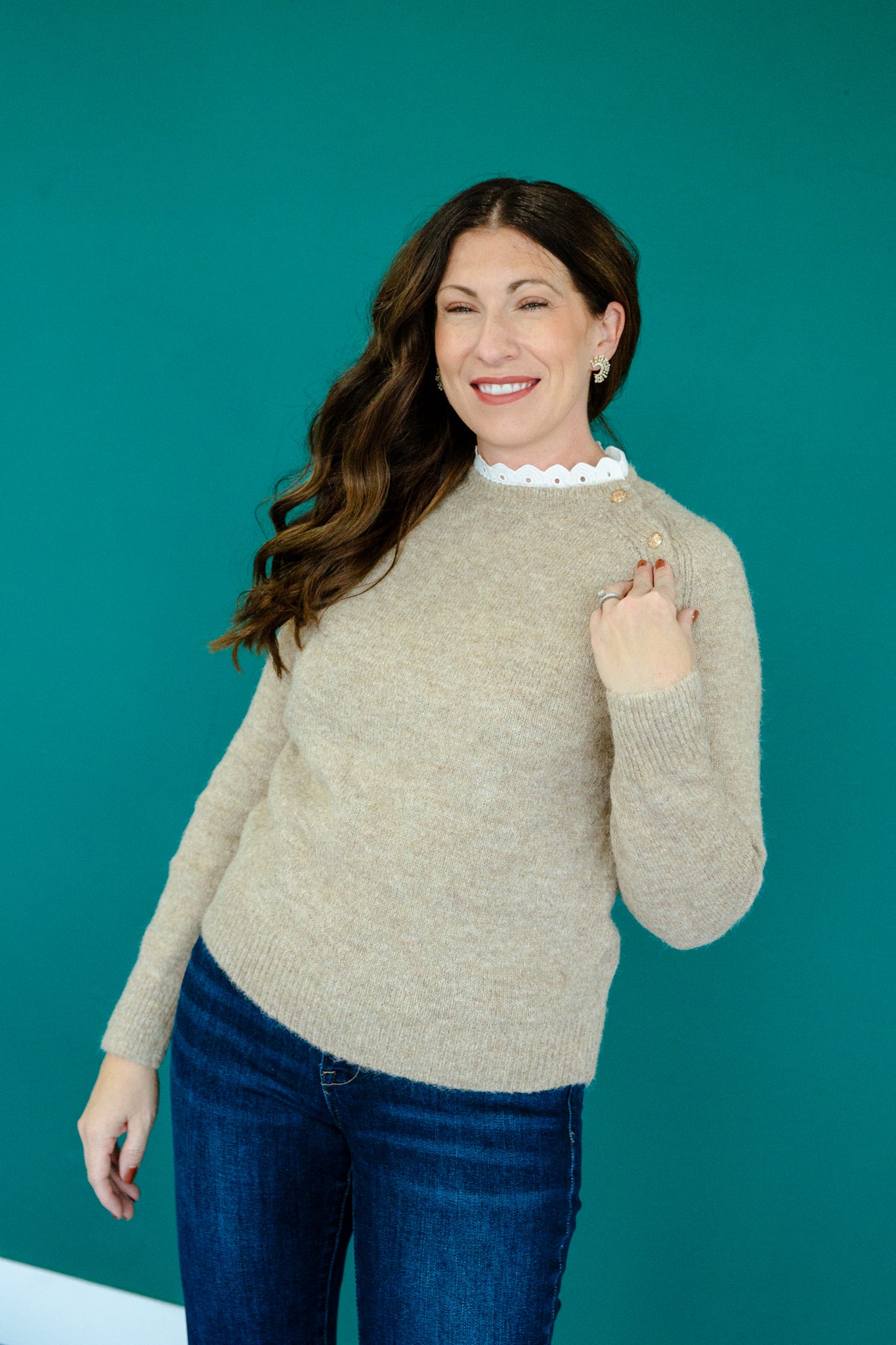 Joline Lace Detail Sweater - Beige + Cream