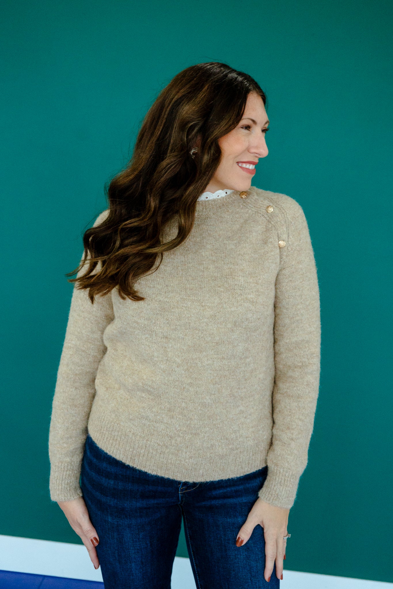 Joline Lace Detail Sweater - Beige + Cream