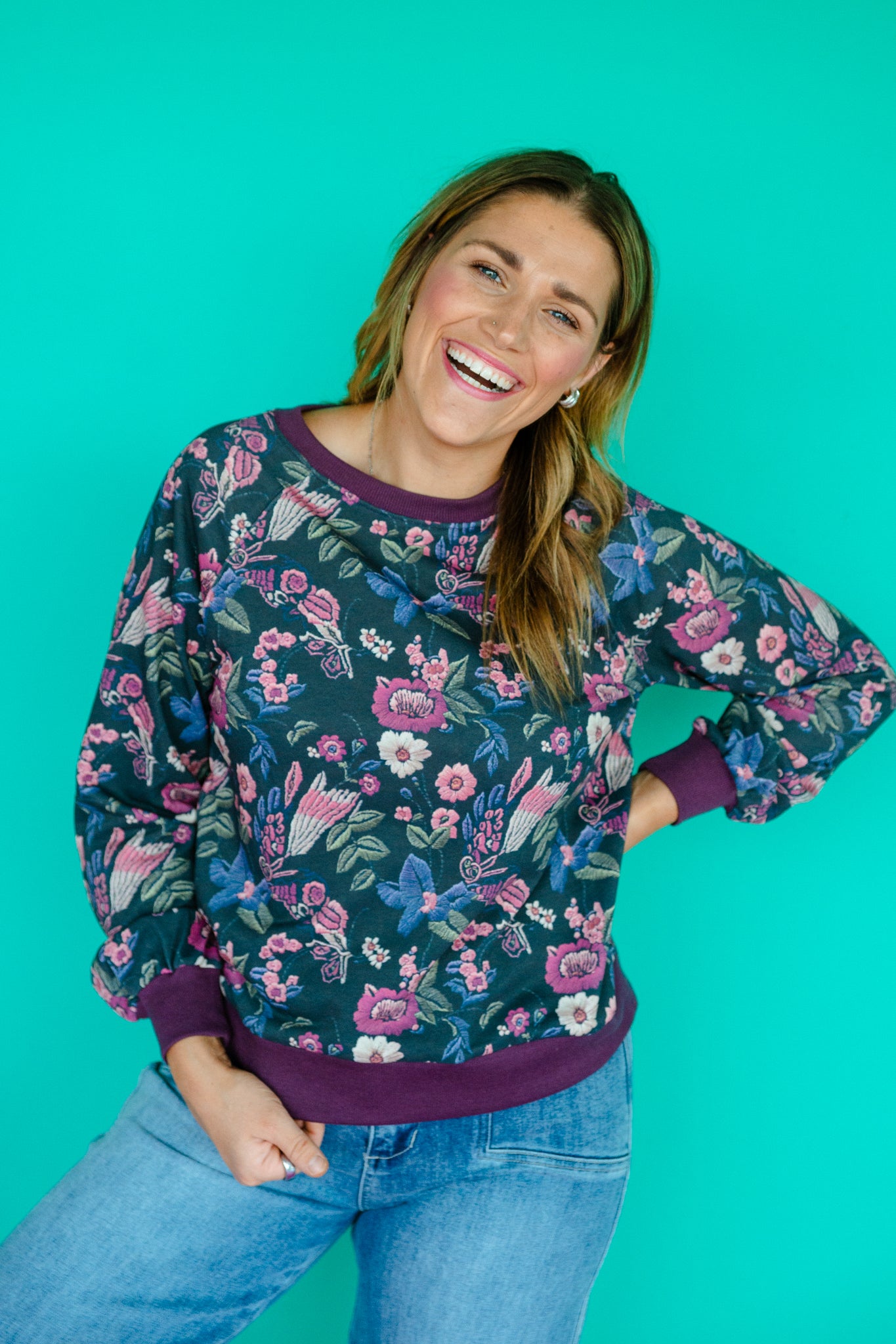 Charlotte Floral Printed Sweatshirt - Plum + Cyclamen