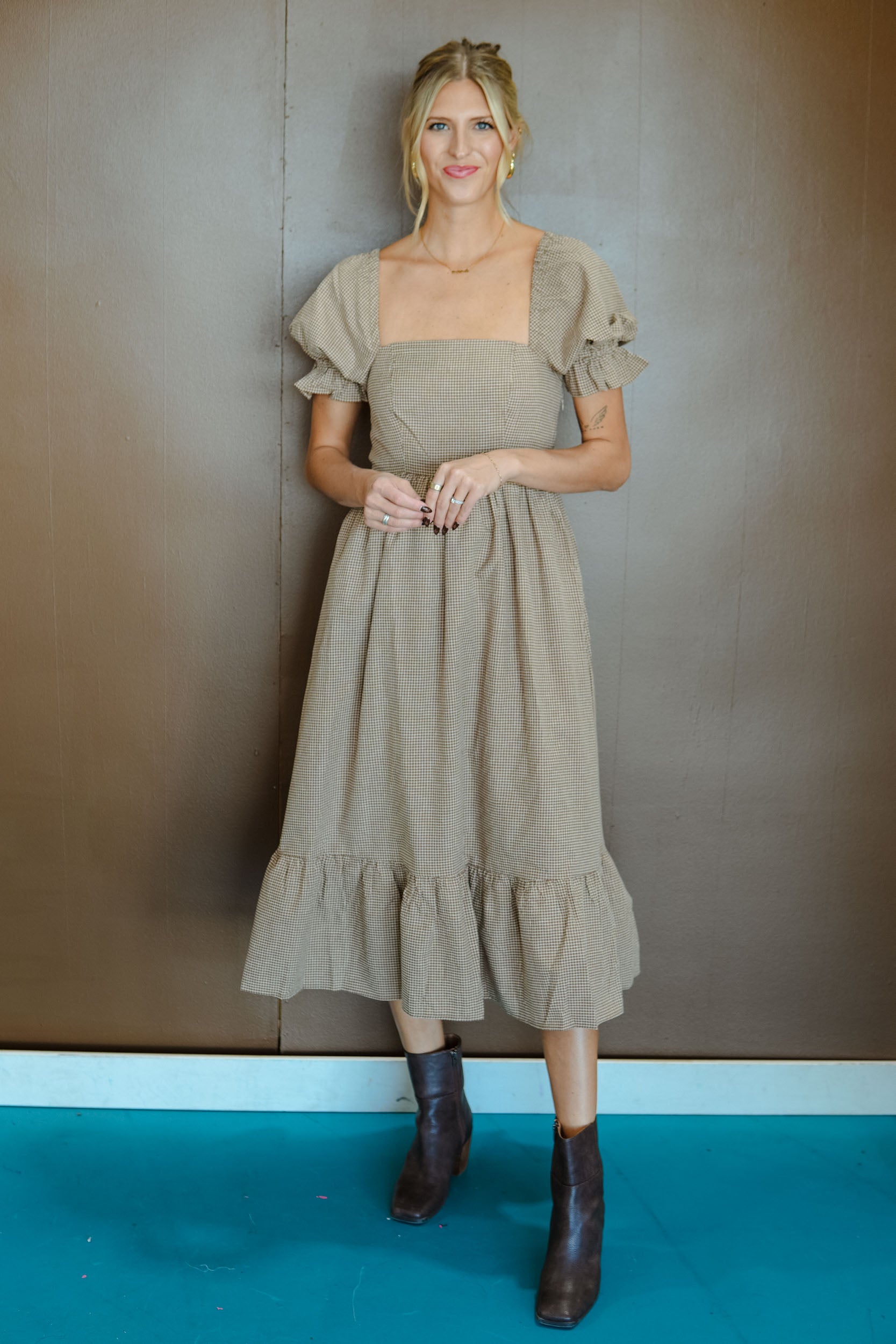 After You Checkered Midi Dress - Tan