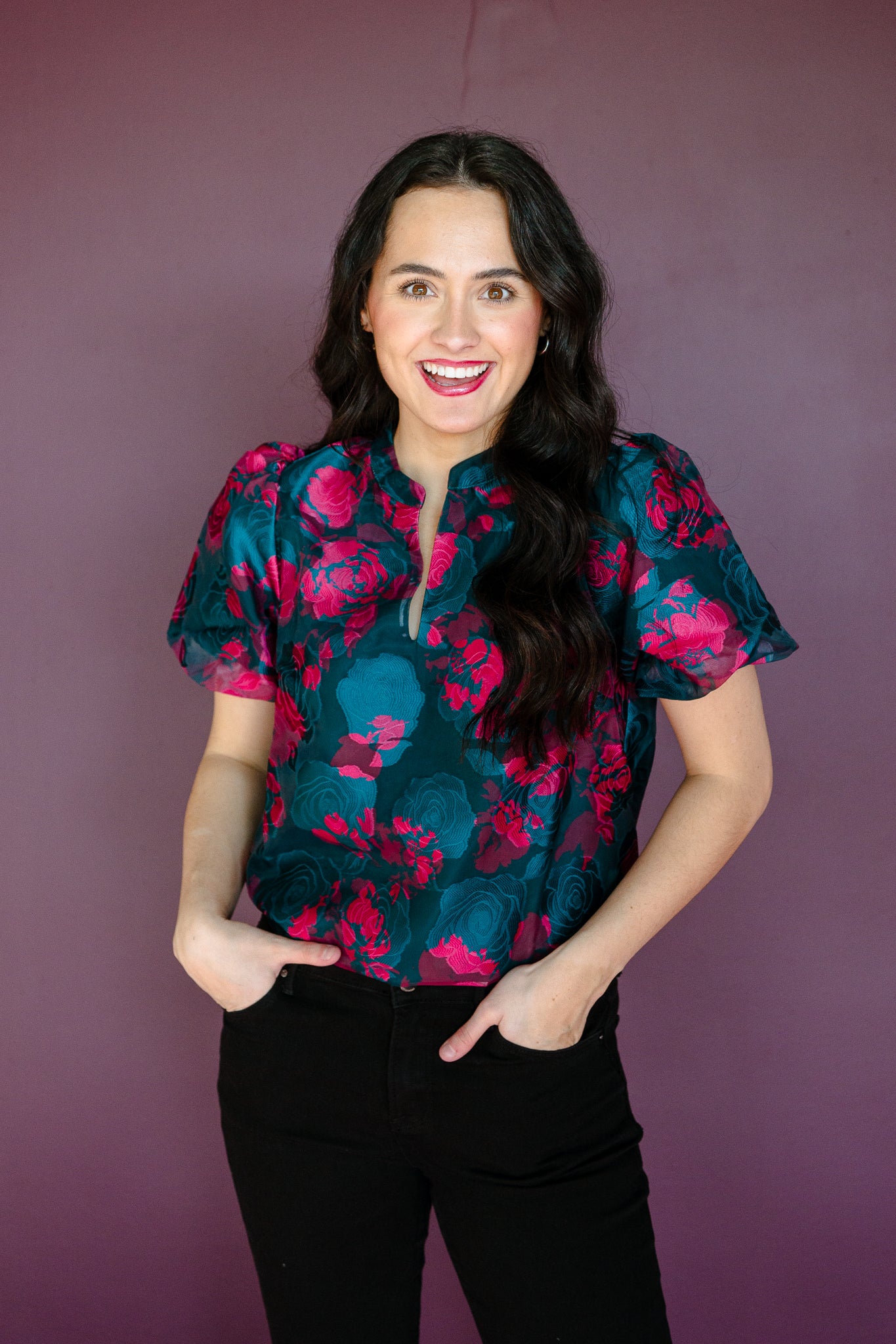 Kaelani Puff Sleeve Blouse - Pine + Fuchsia