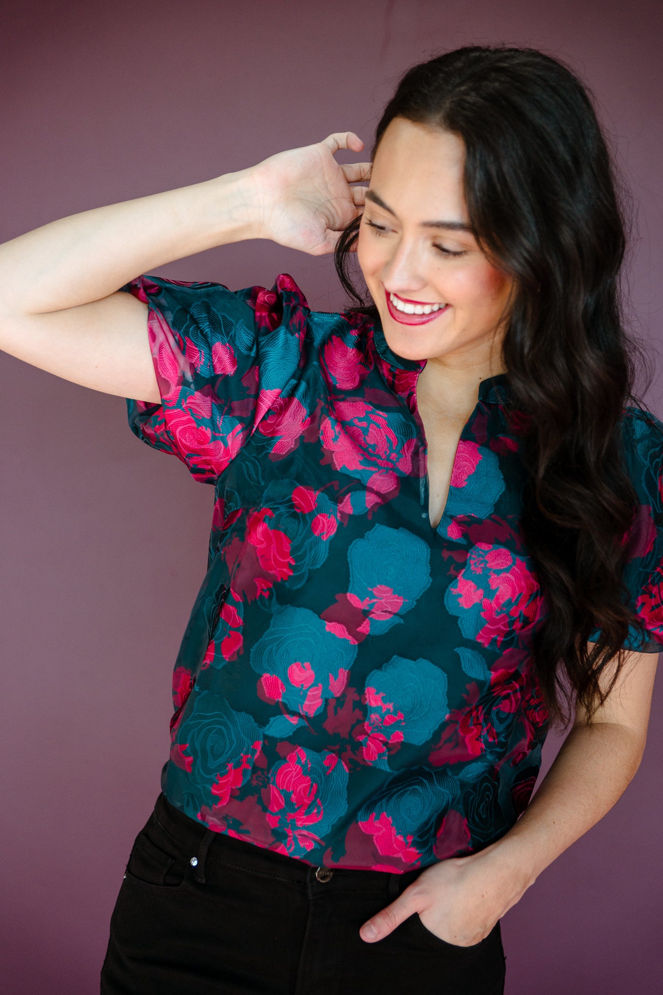 Kaelani Puff Sleeve Blouse - Pine + Fuchsia
