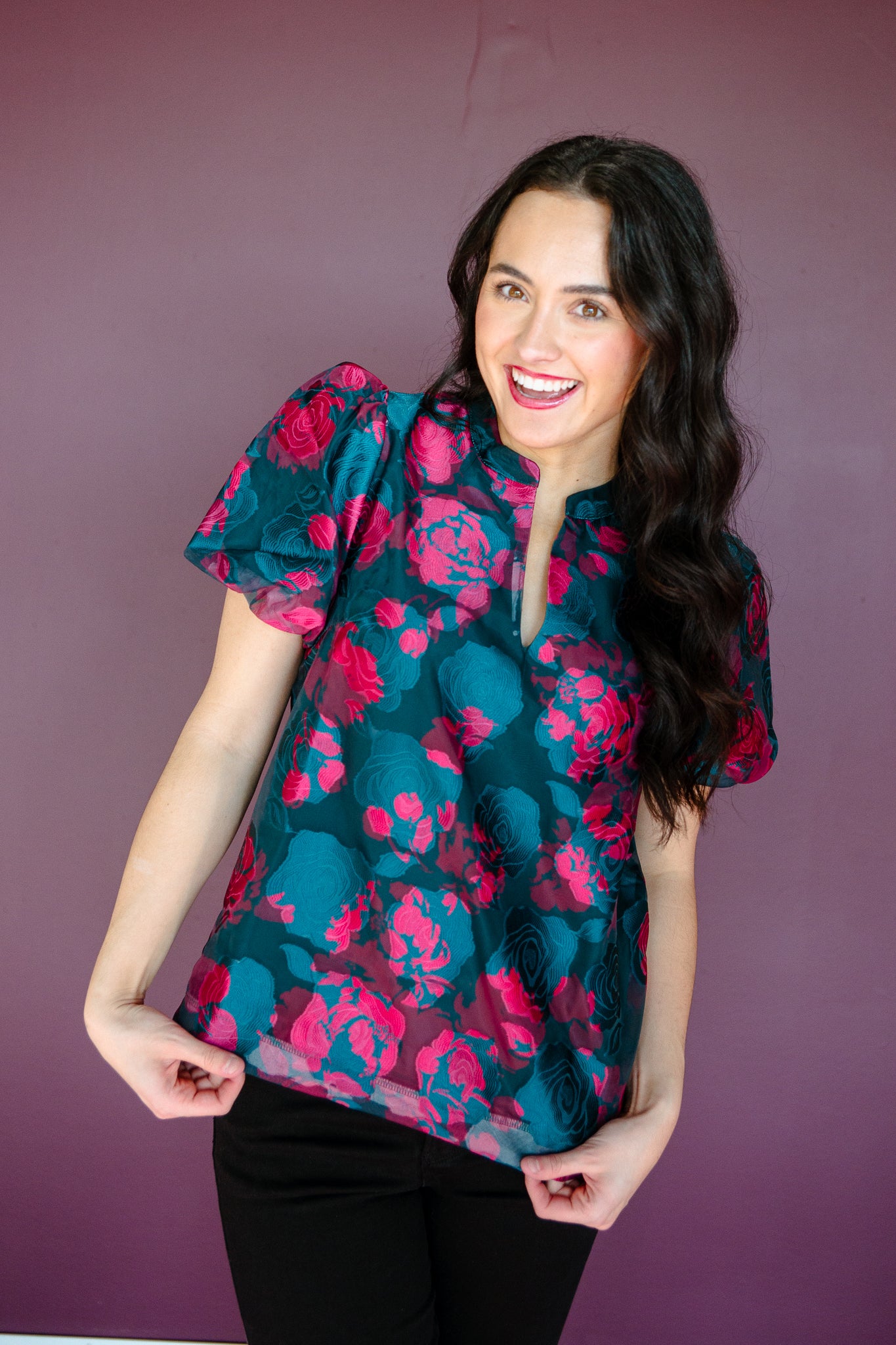 Kaelani Puff Sleeve Blouse - Pine + Fuchsia