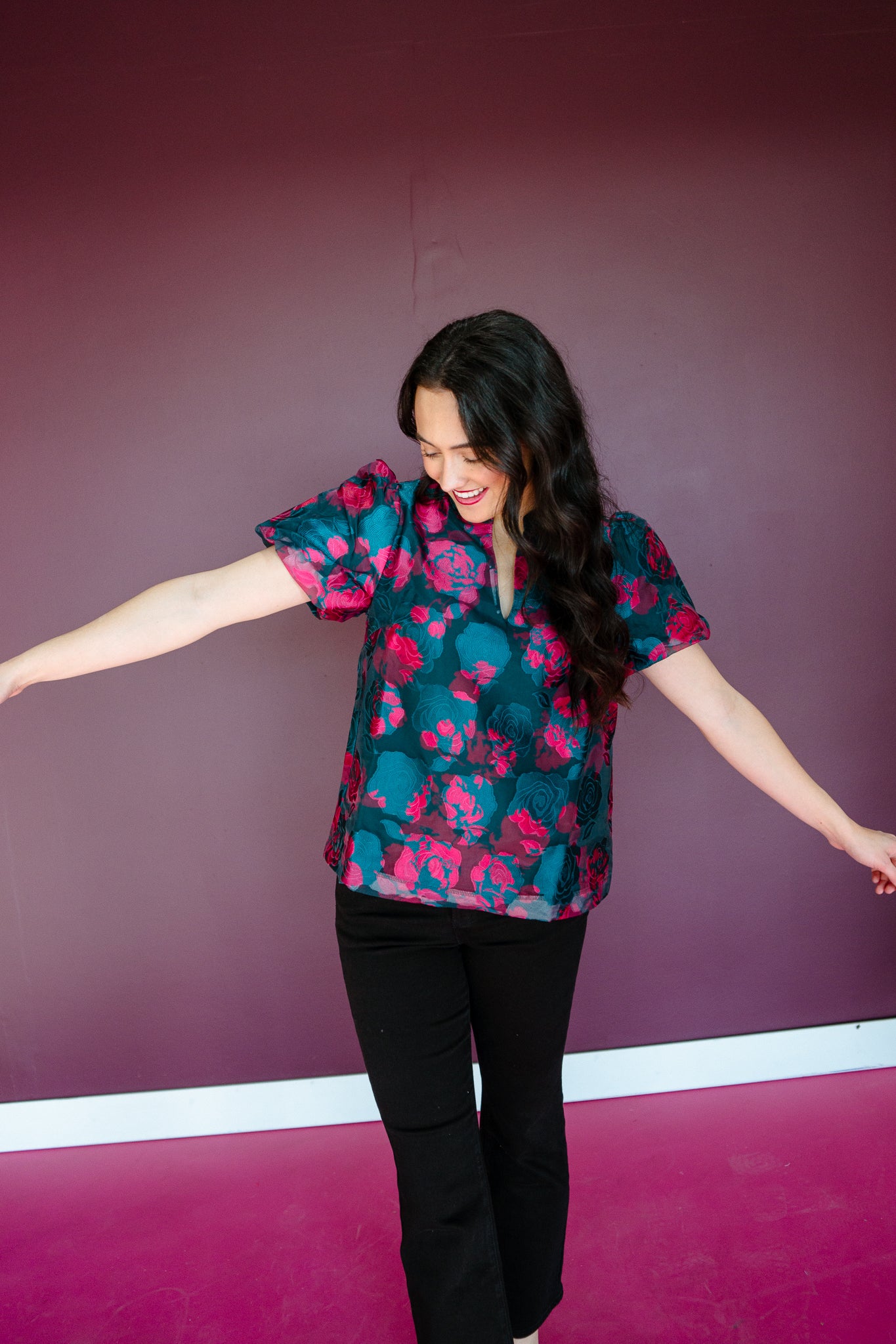 Kaelani Puff Sleeve Blouse - Pine + Fuchsia