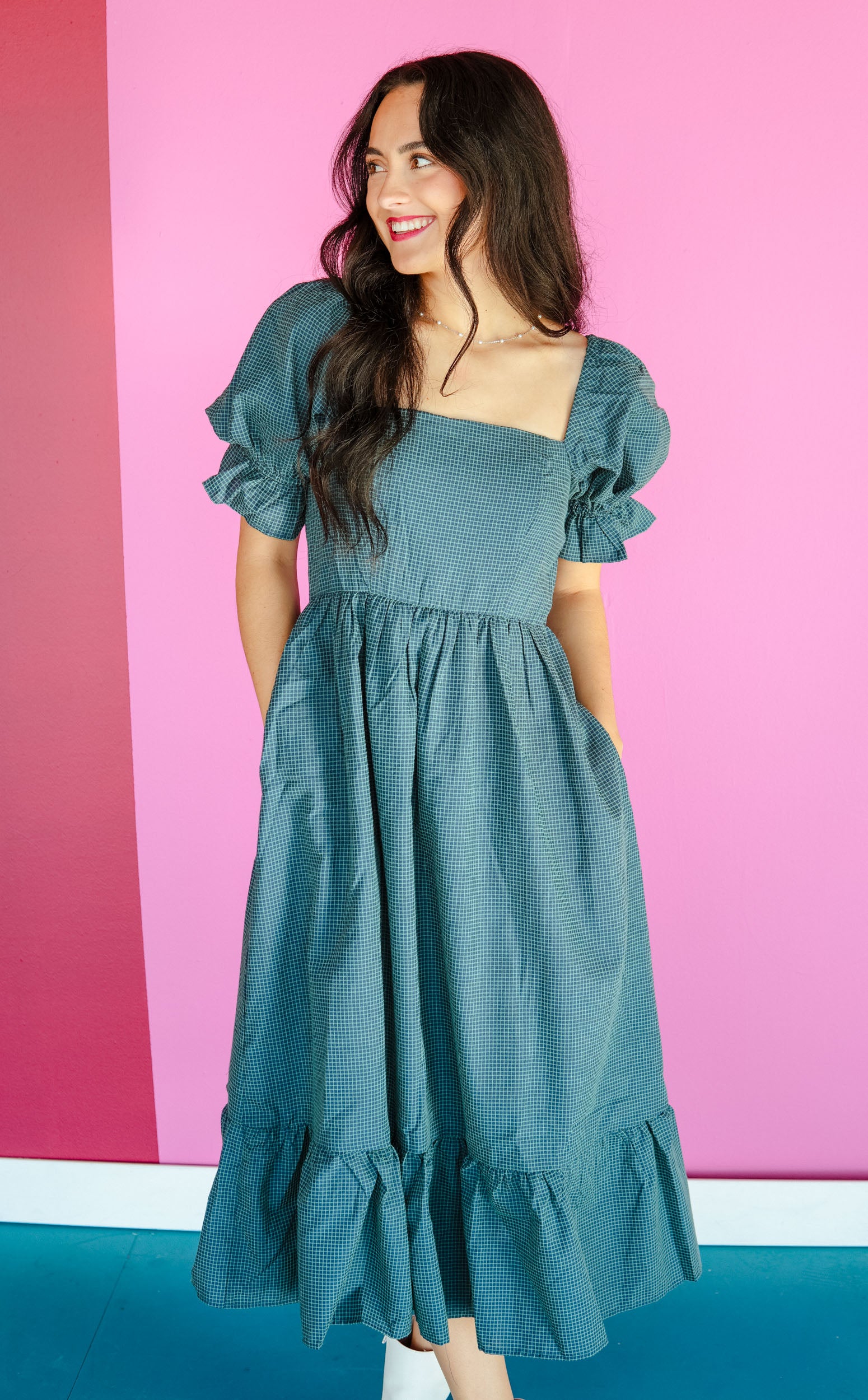 After You Checkered Midi Dress - French Navy + Cool Green