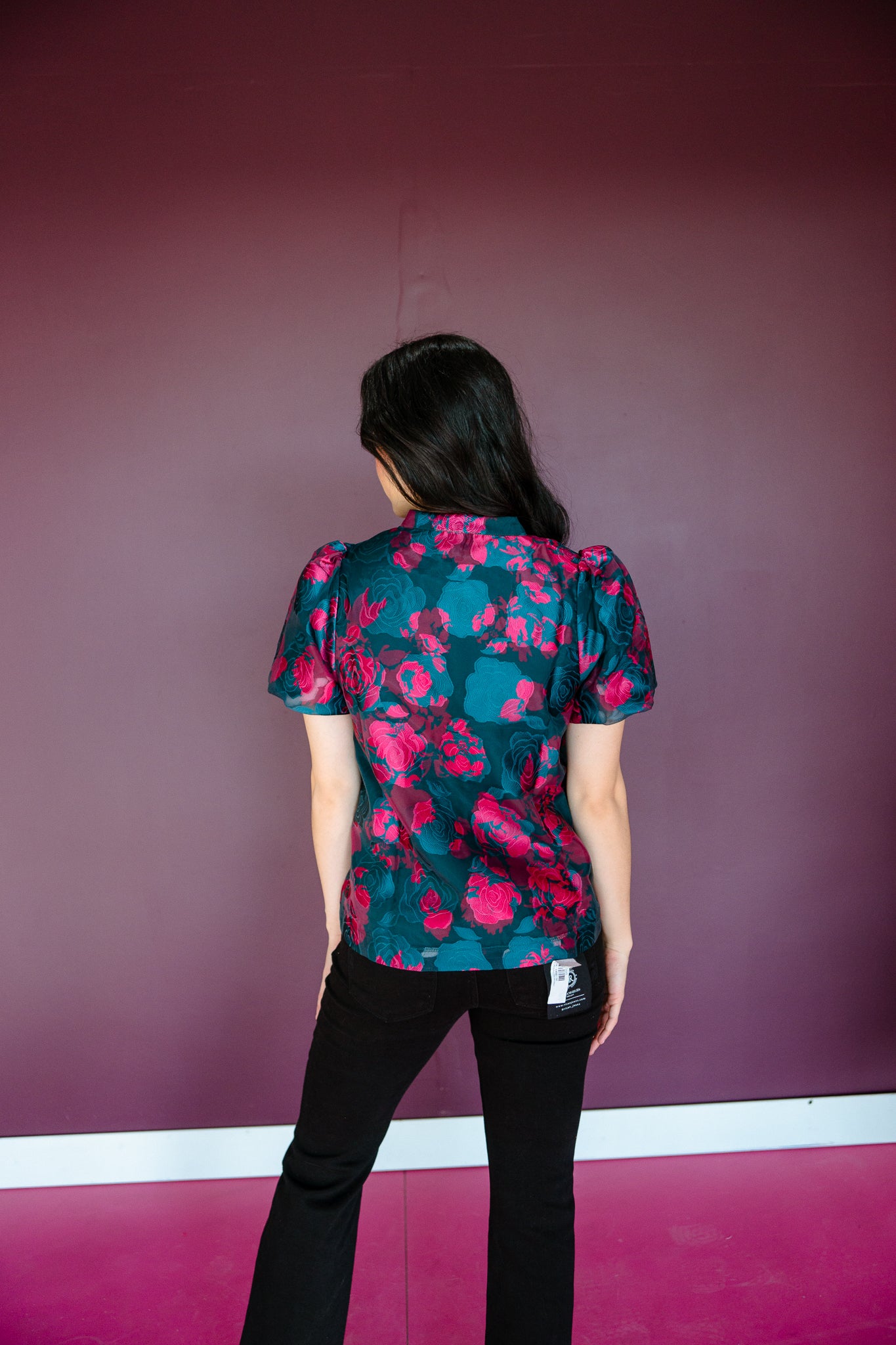 Kaelani Puff Sleeve Blouse - Pine + Fuchsia