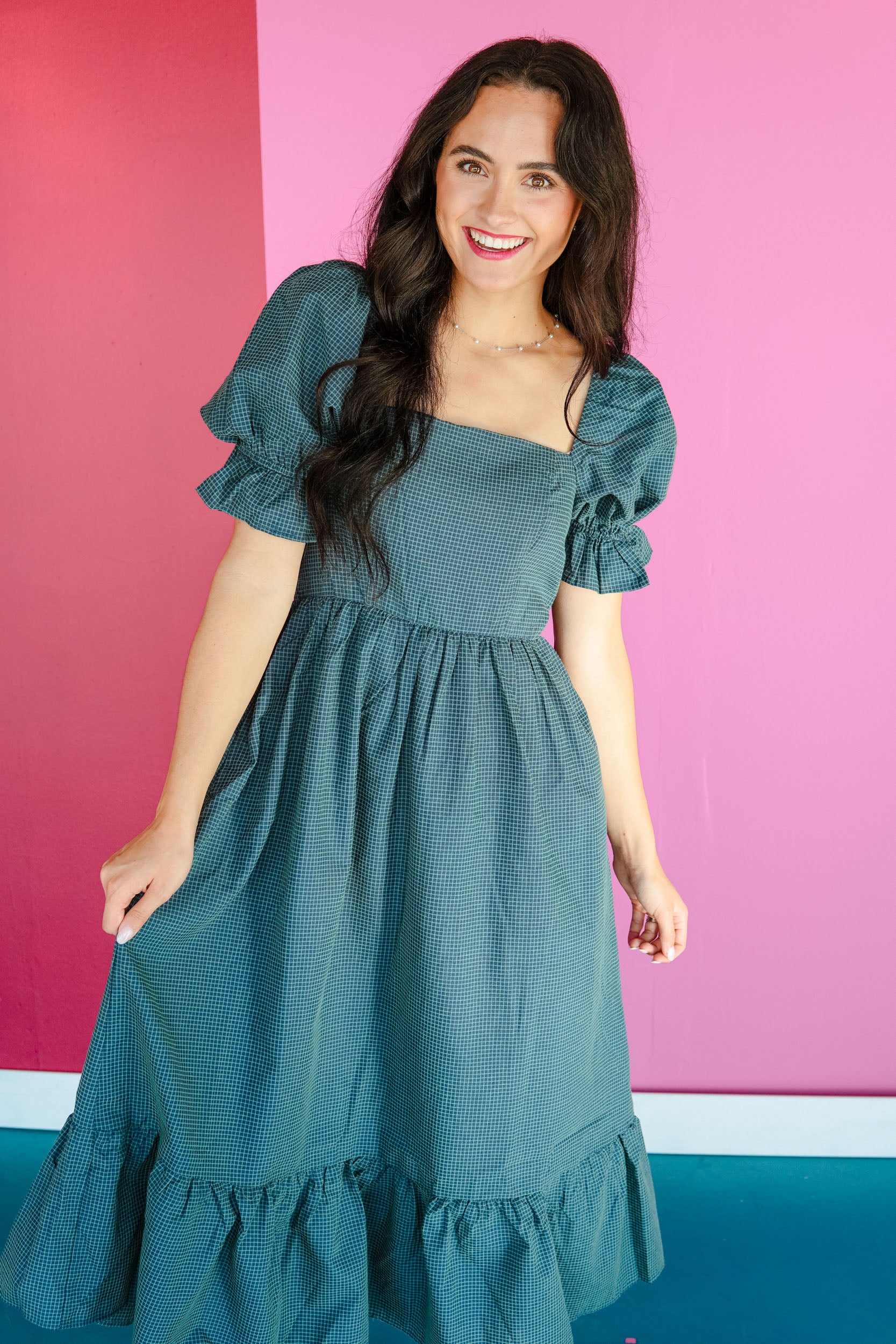 After You Checkered Midi Dress - French Navy + Cool Green