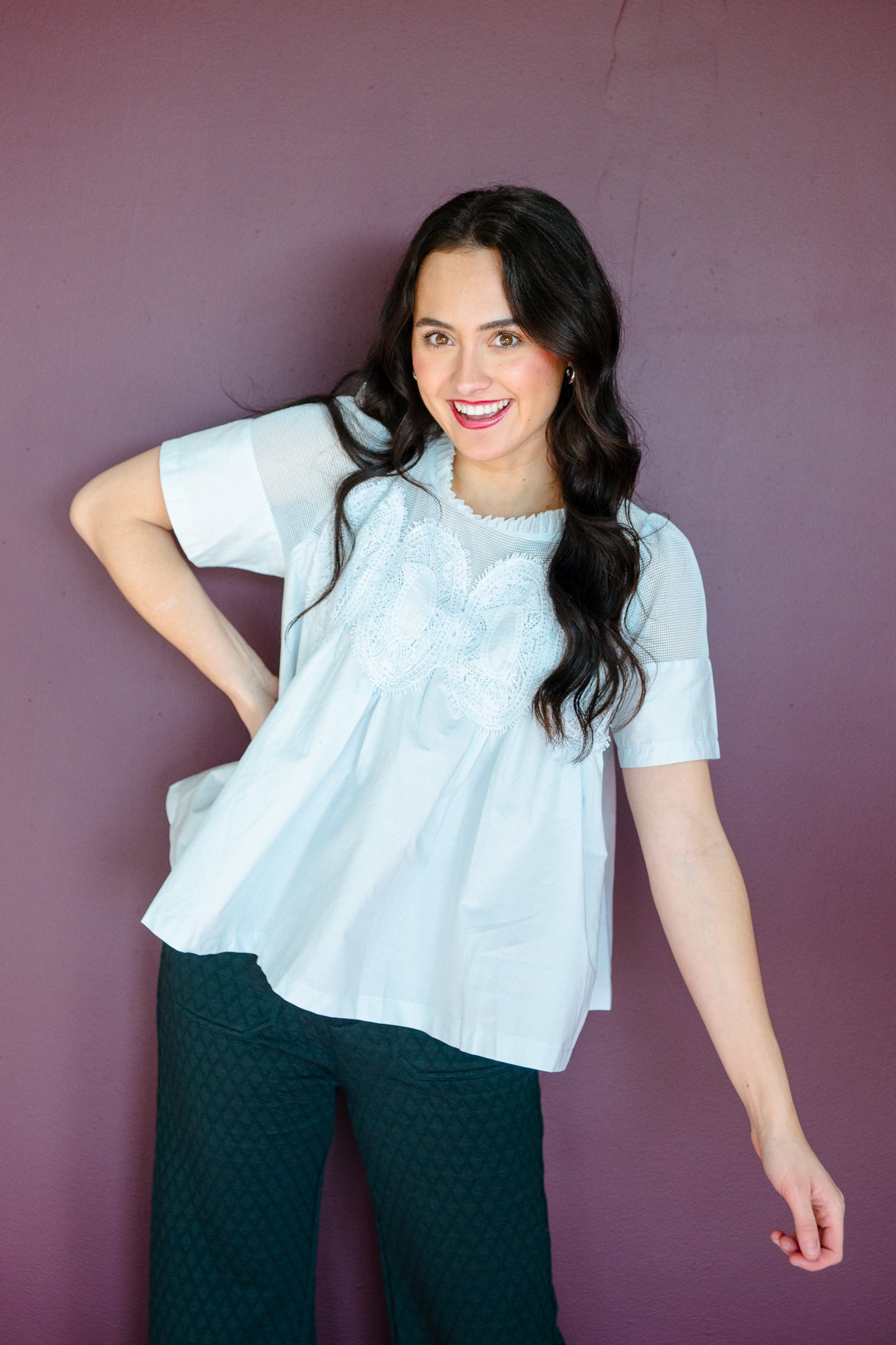 Haven Lace Detail Blouse - Ice Aqua