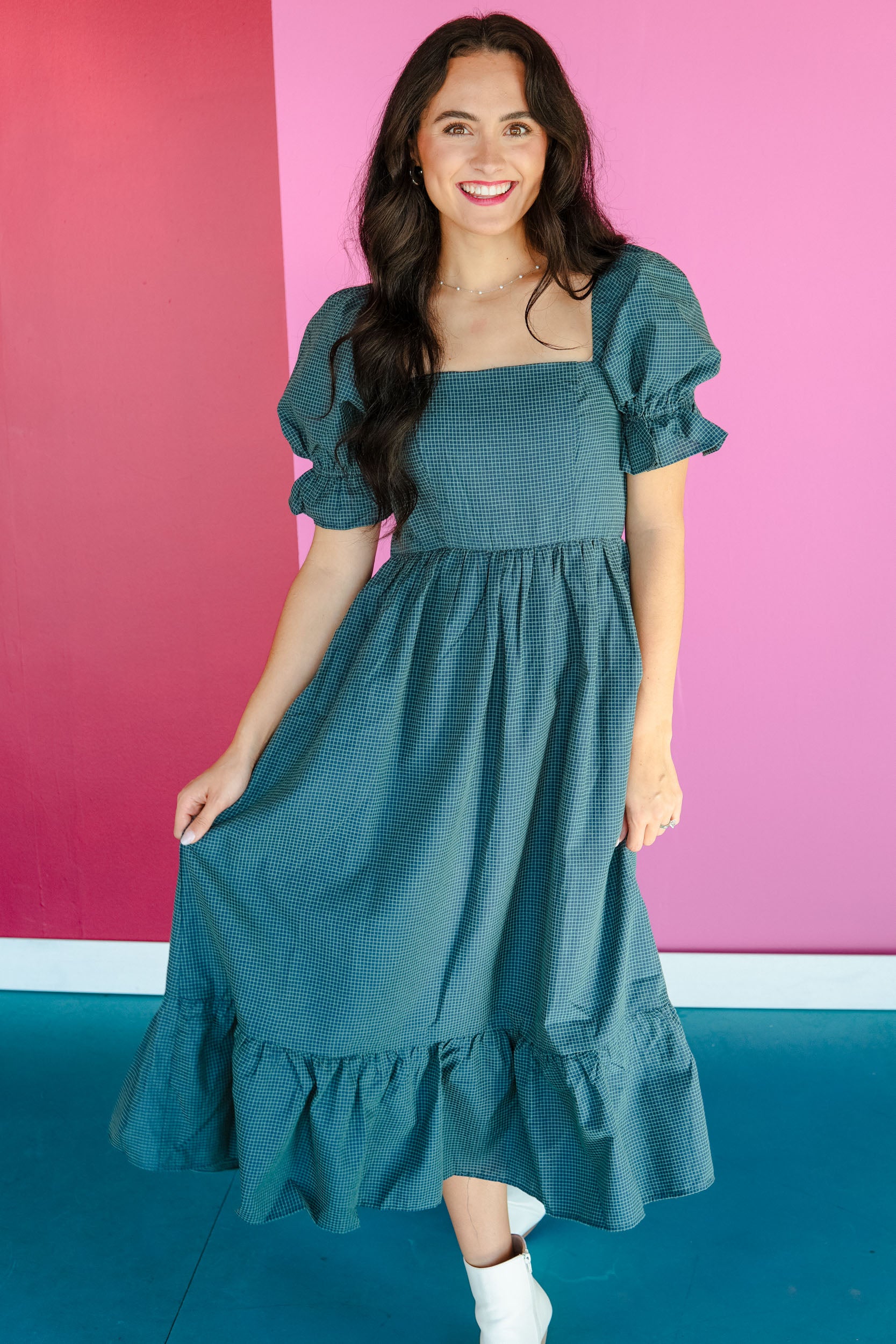 After You Checkered Midi Dress - French Navy + Cool Green