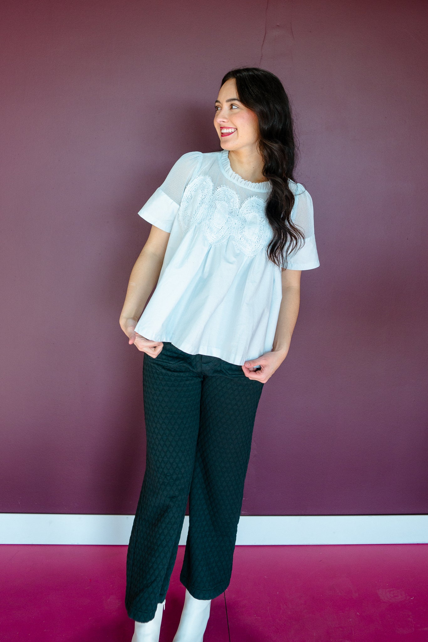 Haven Lace Detail Blouse - Ice Aqua