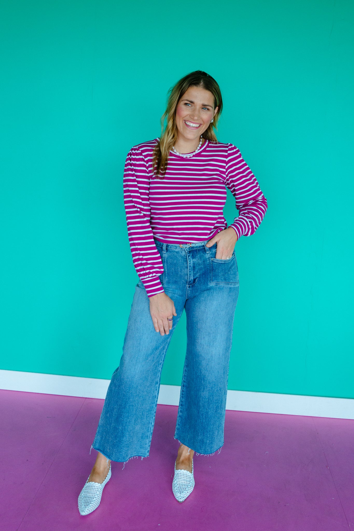 [Defect Sale] Callie Striped Top - Plum + Bright White - MEDIUM