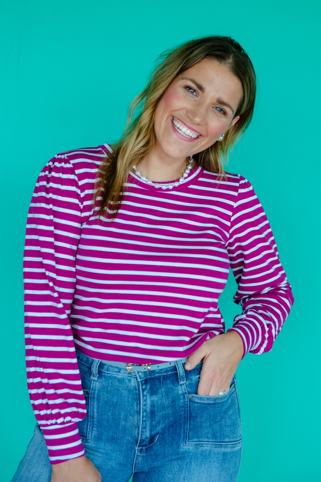 [Defect Sale] Callie Striped Top - Plum + Bright White - MEDIUM