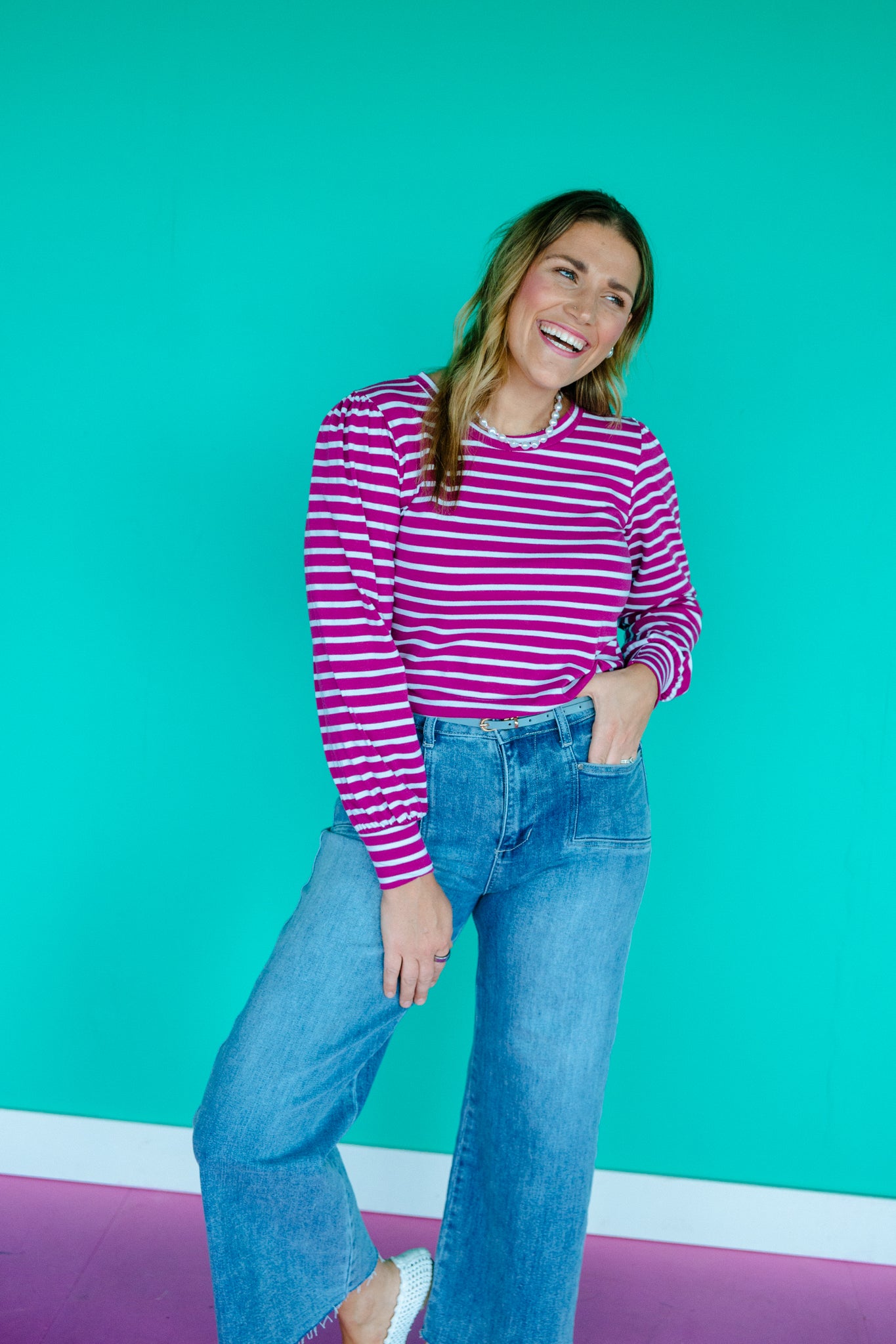 [Defect Sale] Callie Striped Top - Plum + Bright White - MEDIUM