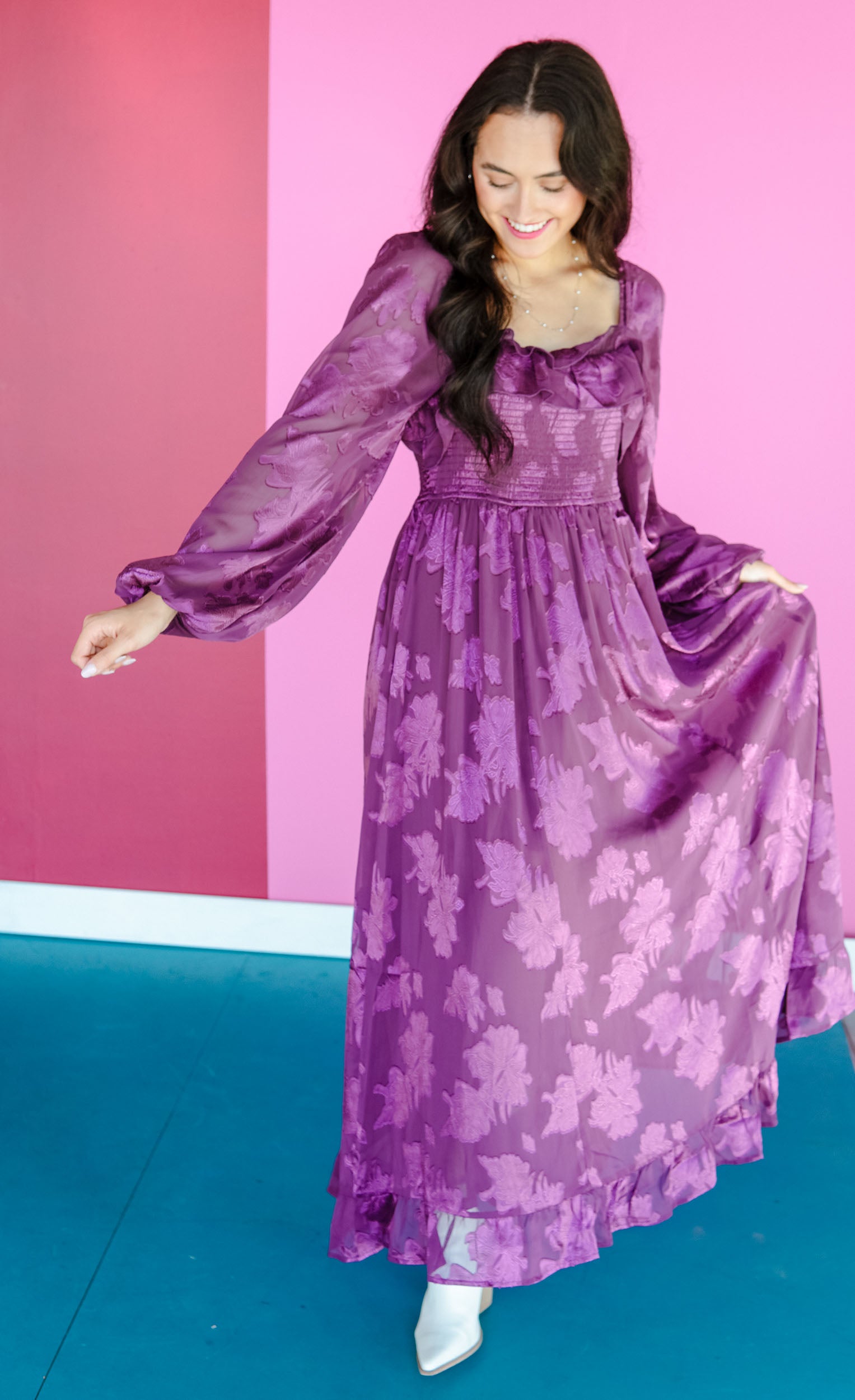 Love Affair Jacquard Smocked Ruffle Maxi Dress - Plum