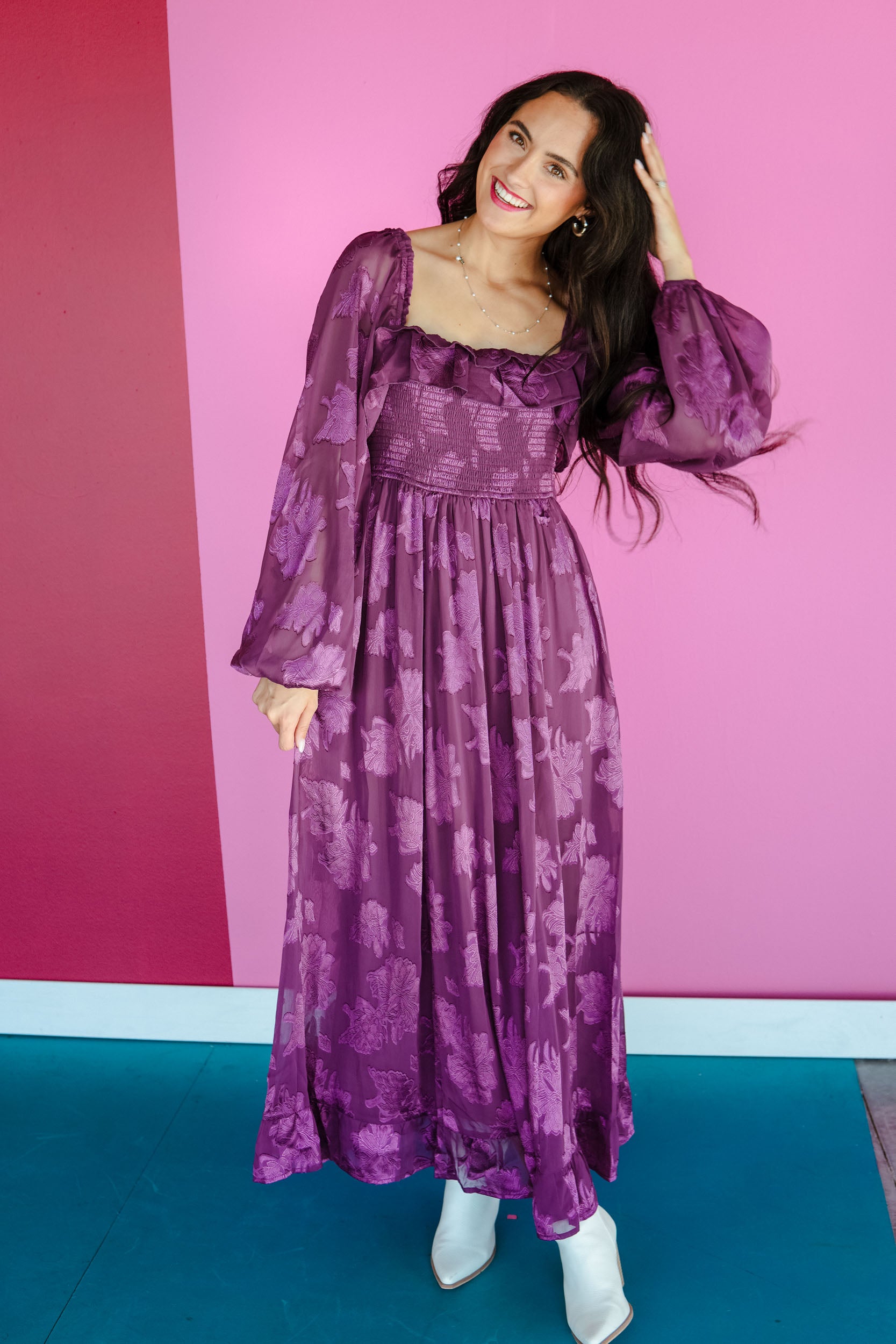 Love Affair Jacquard Smocked Ruffle Maxi Dress - Plum