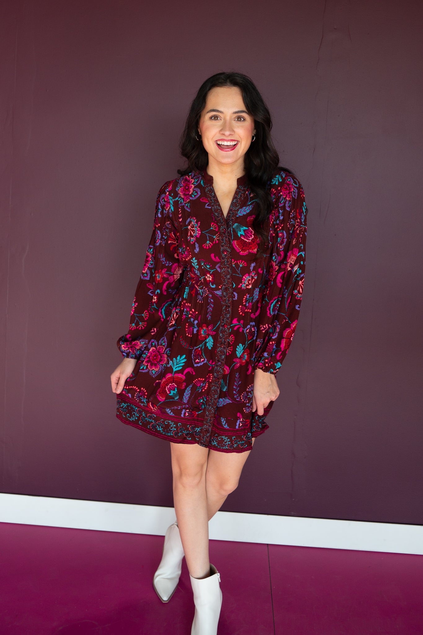 Paisley Button Down Mini Dress - Burgundy