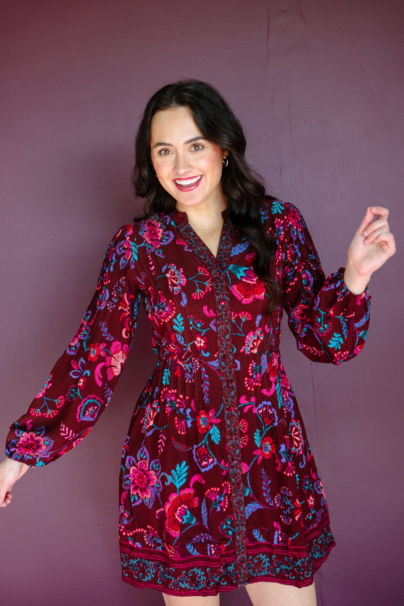 Paisley Button Down Mini Dress - Burgundy