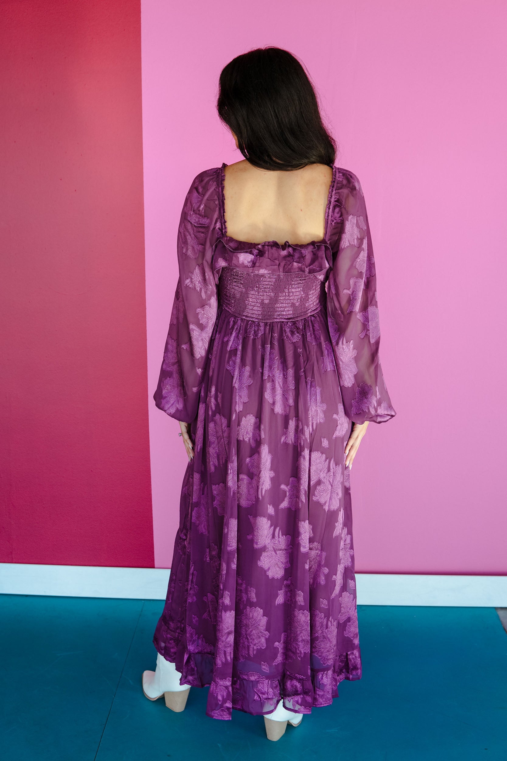 Love Affair Jacquard Smocked Ruffle Maxi Dress - Plum