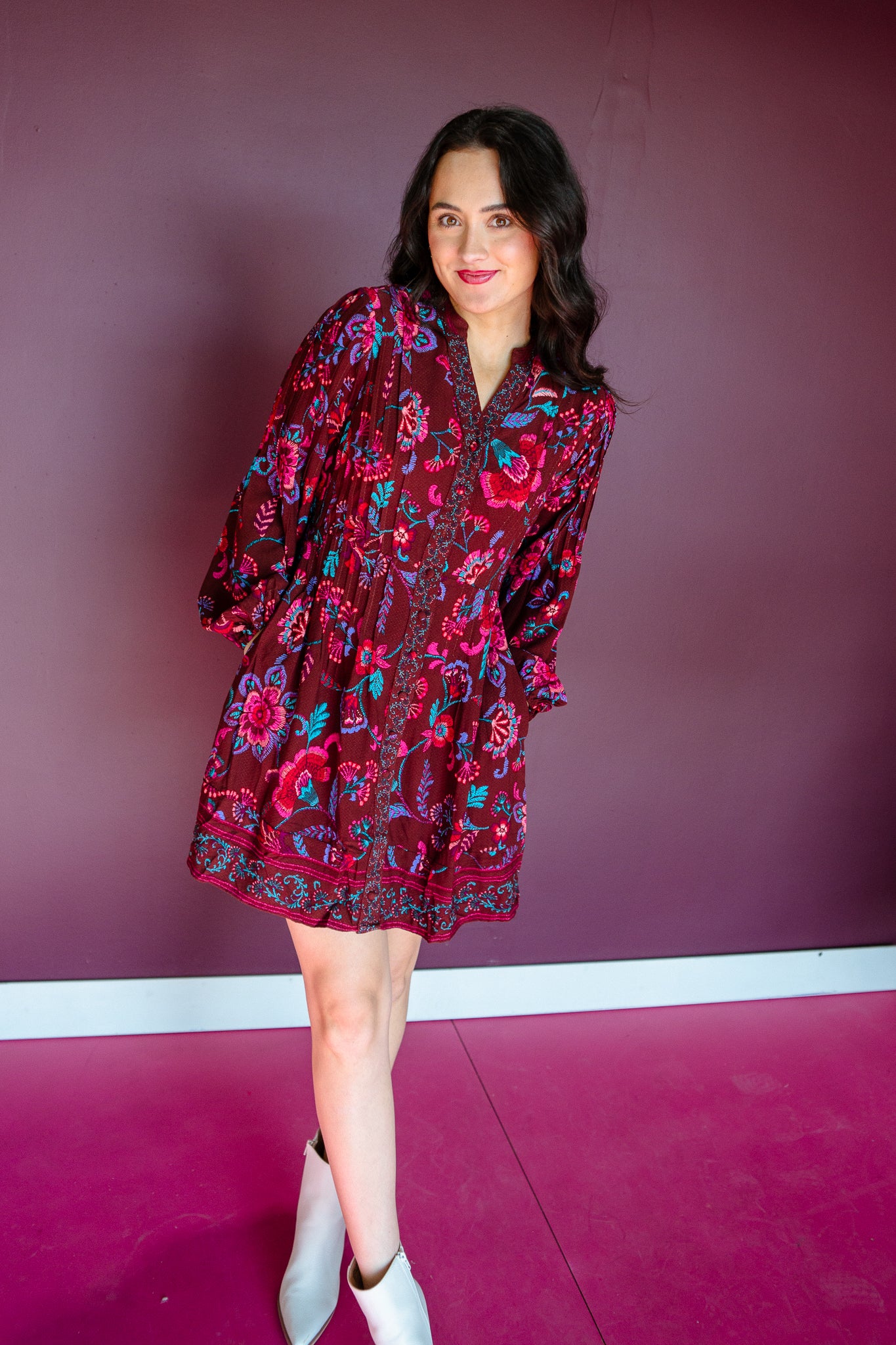 Paisley Button Down Mini Dress - Burgundy