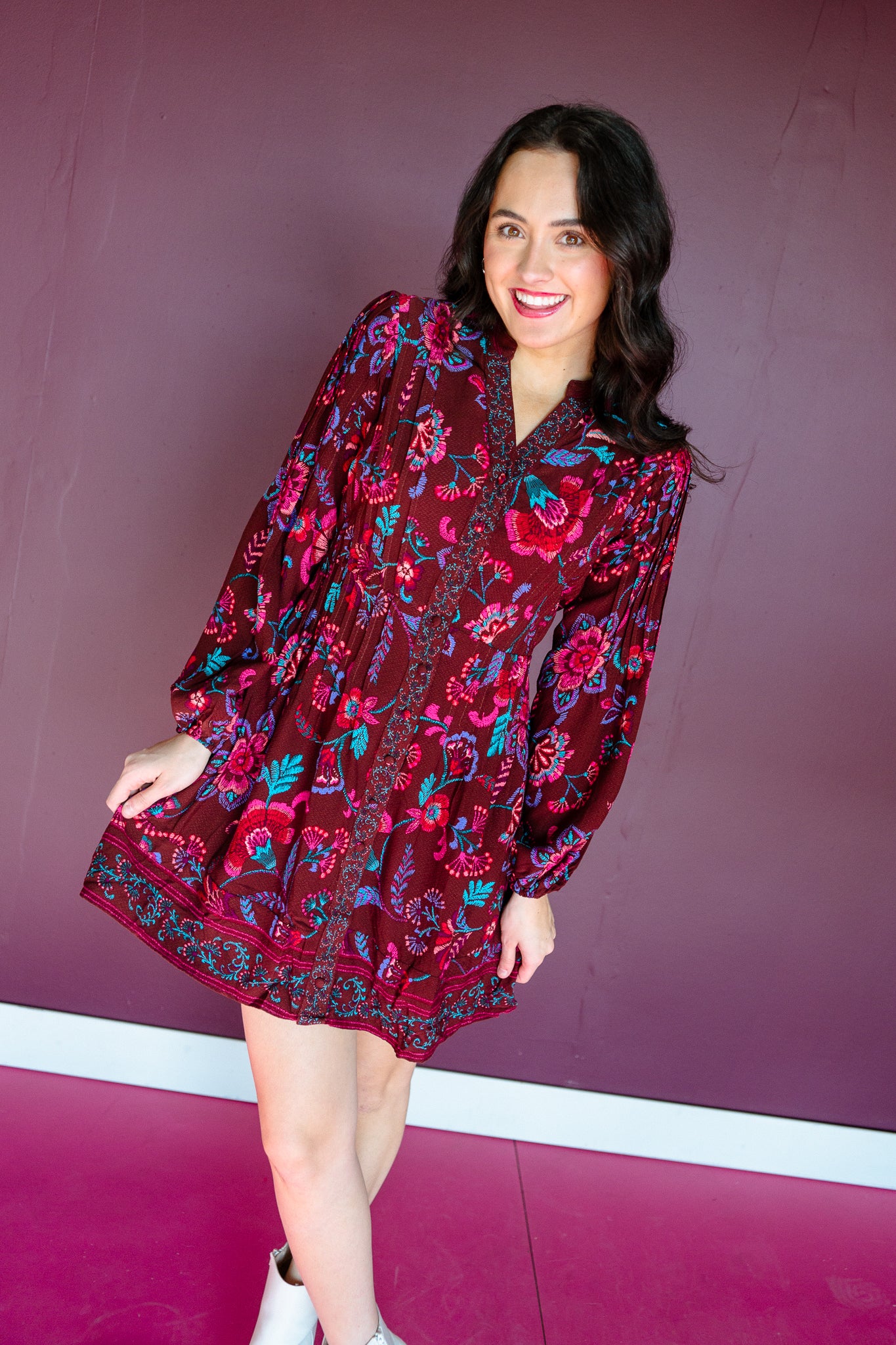 Paisley Button Down Mini Dress - Burgundy