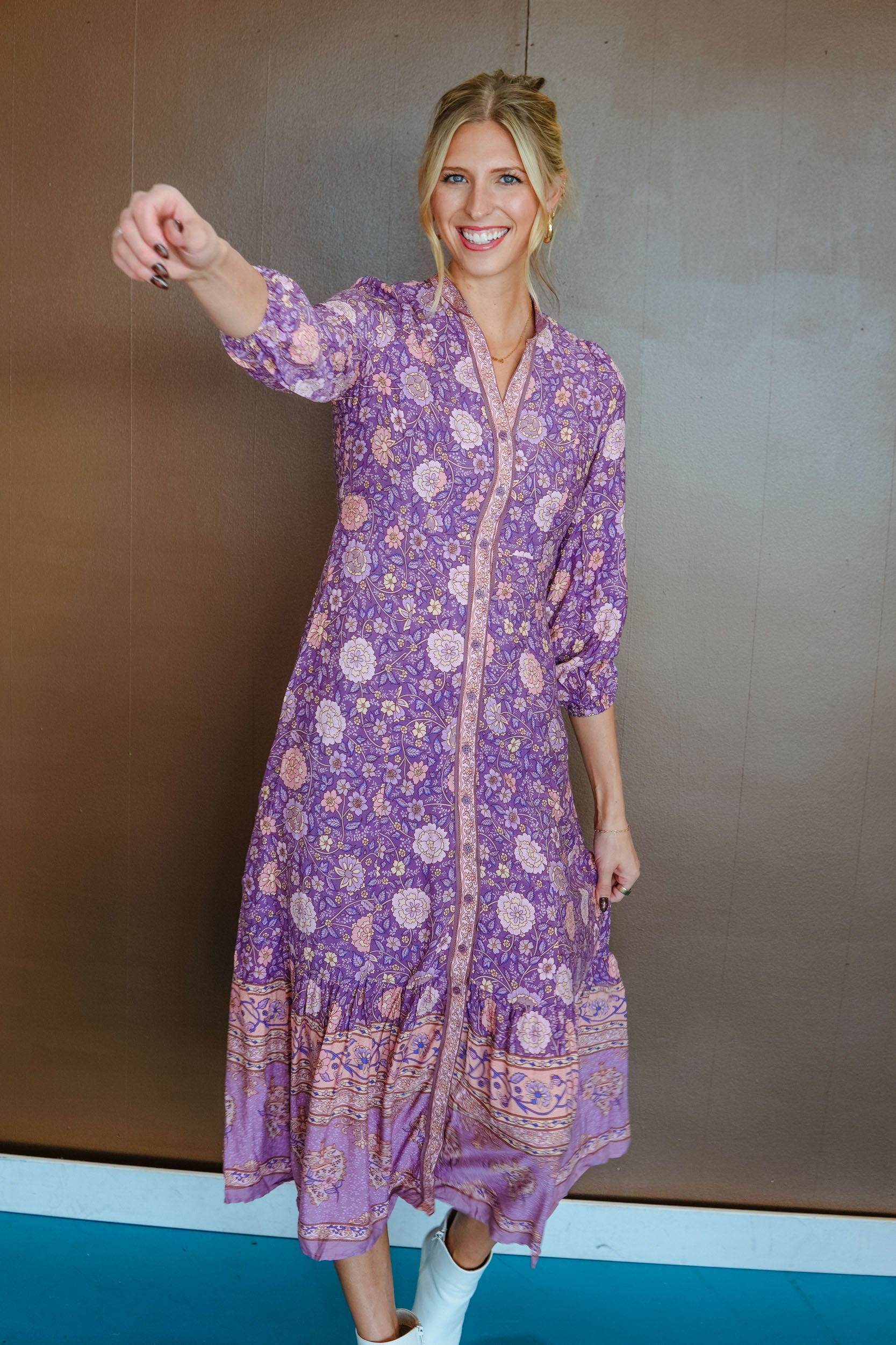 October Romance Button Down Dress - Purple Combo