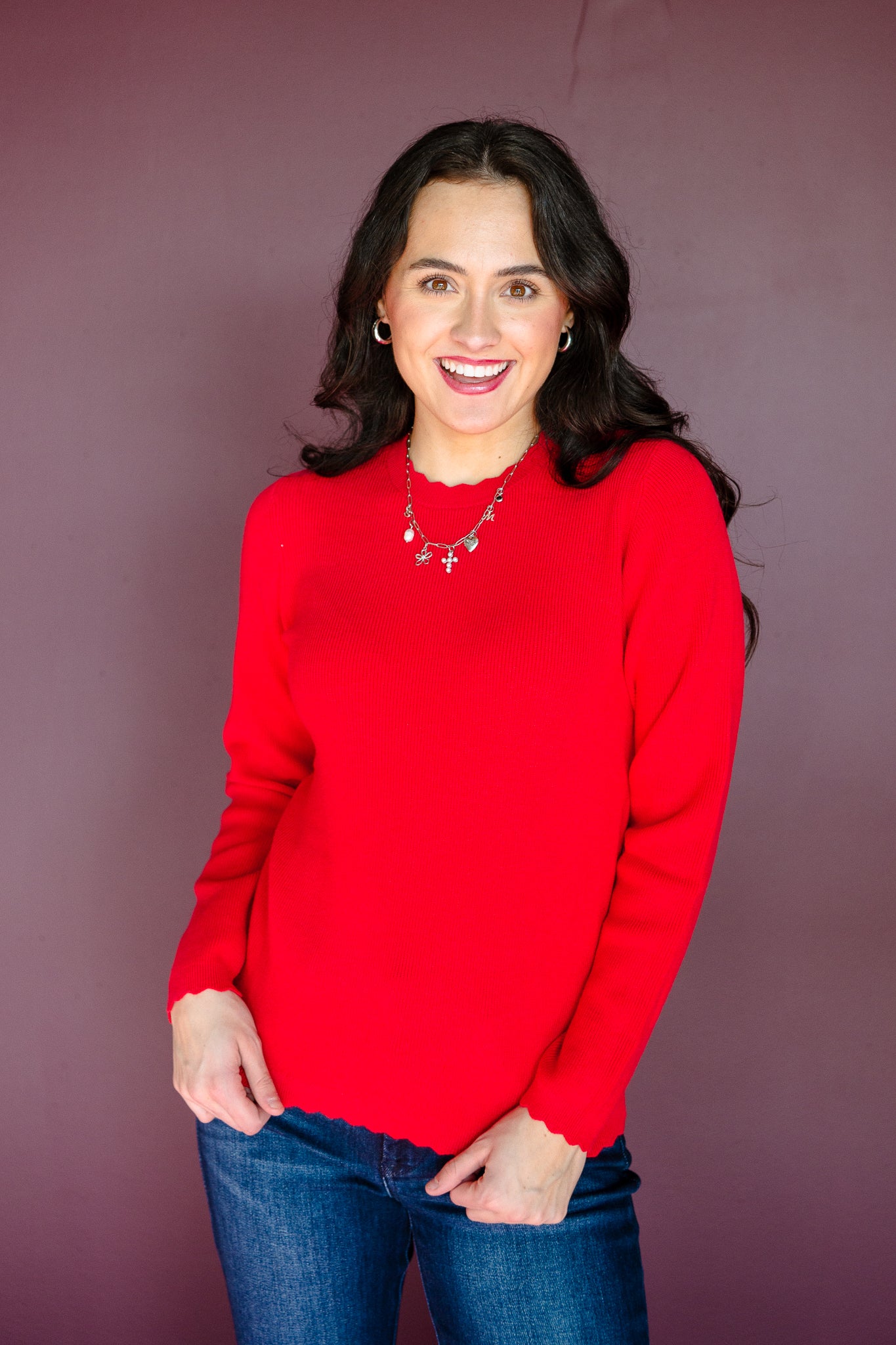 Debby Scalloped Sweater - Cool Red