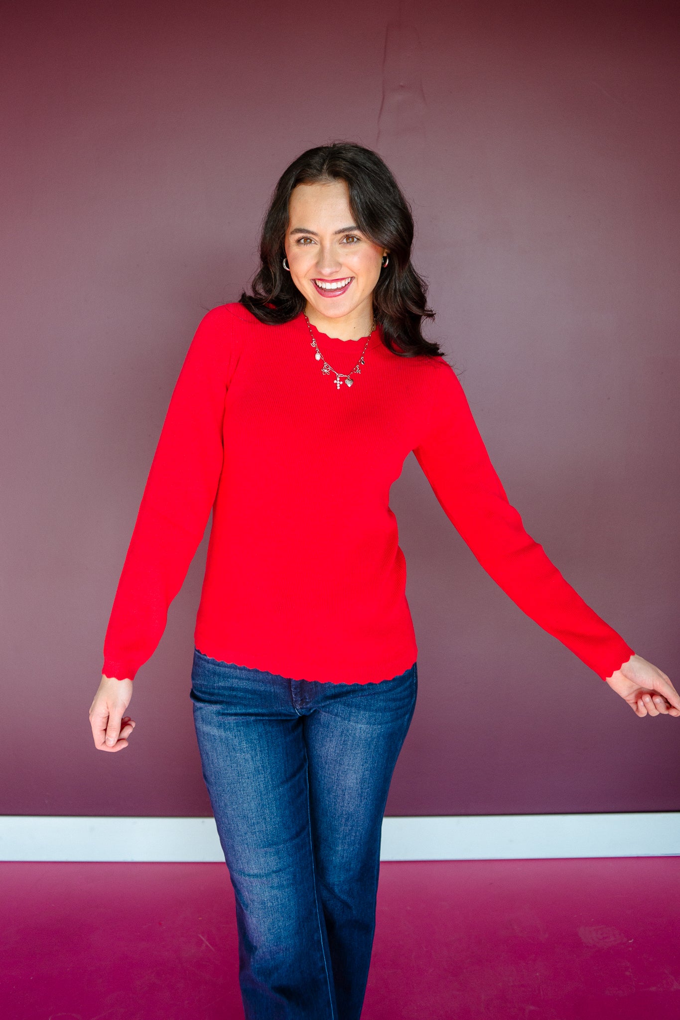 Debby Scalloped Sweater - Cool Red