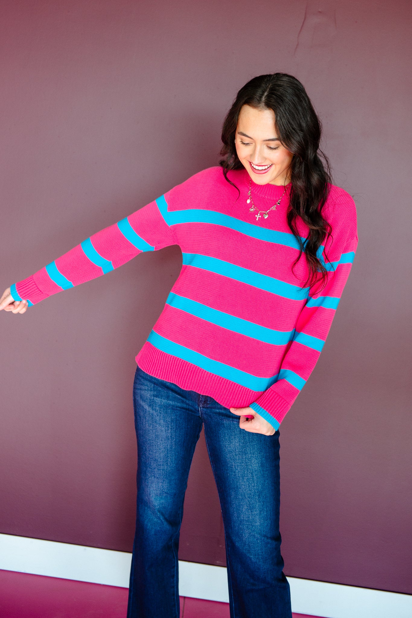 Steph Striped Sweater - Magenta + Turquoise