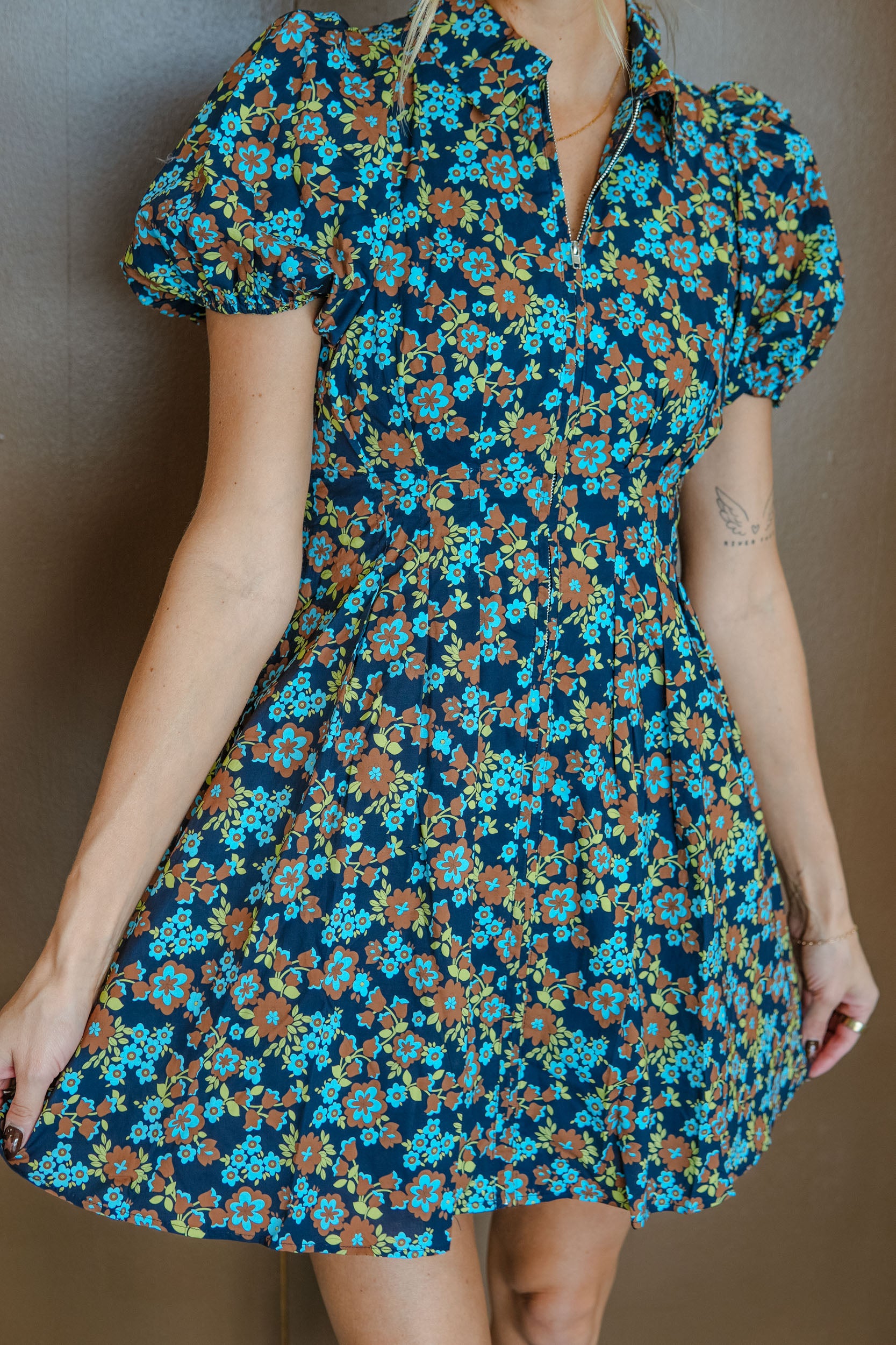 Floral Forecast Mini Dress - Bronze + Lime