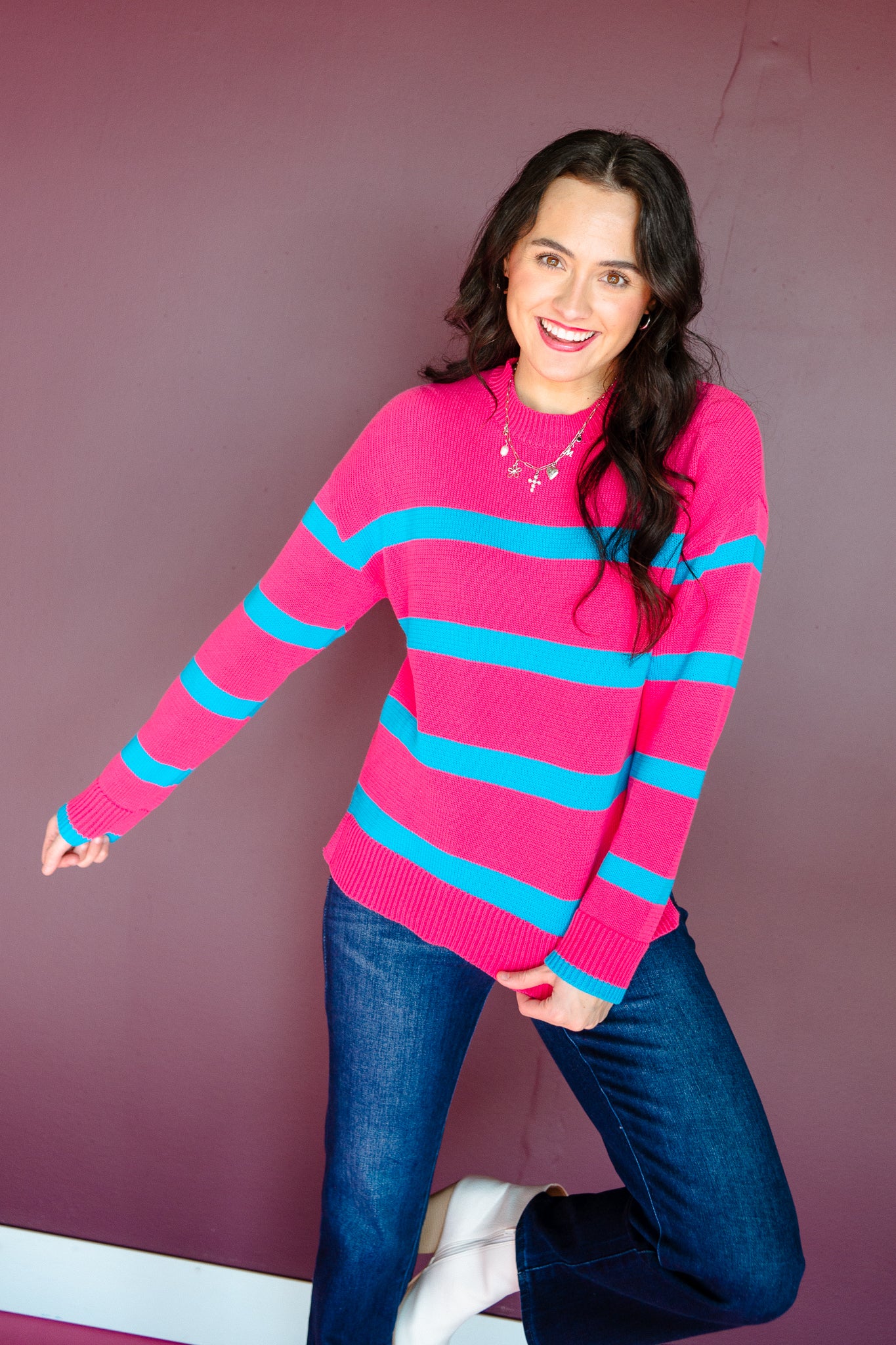 Steph Striped Sweater - Magenta + Turquoise