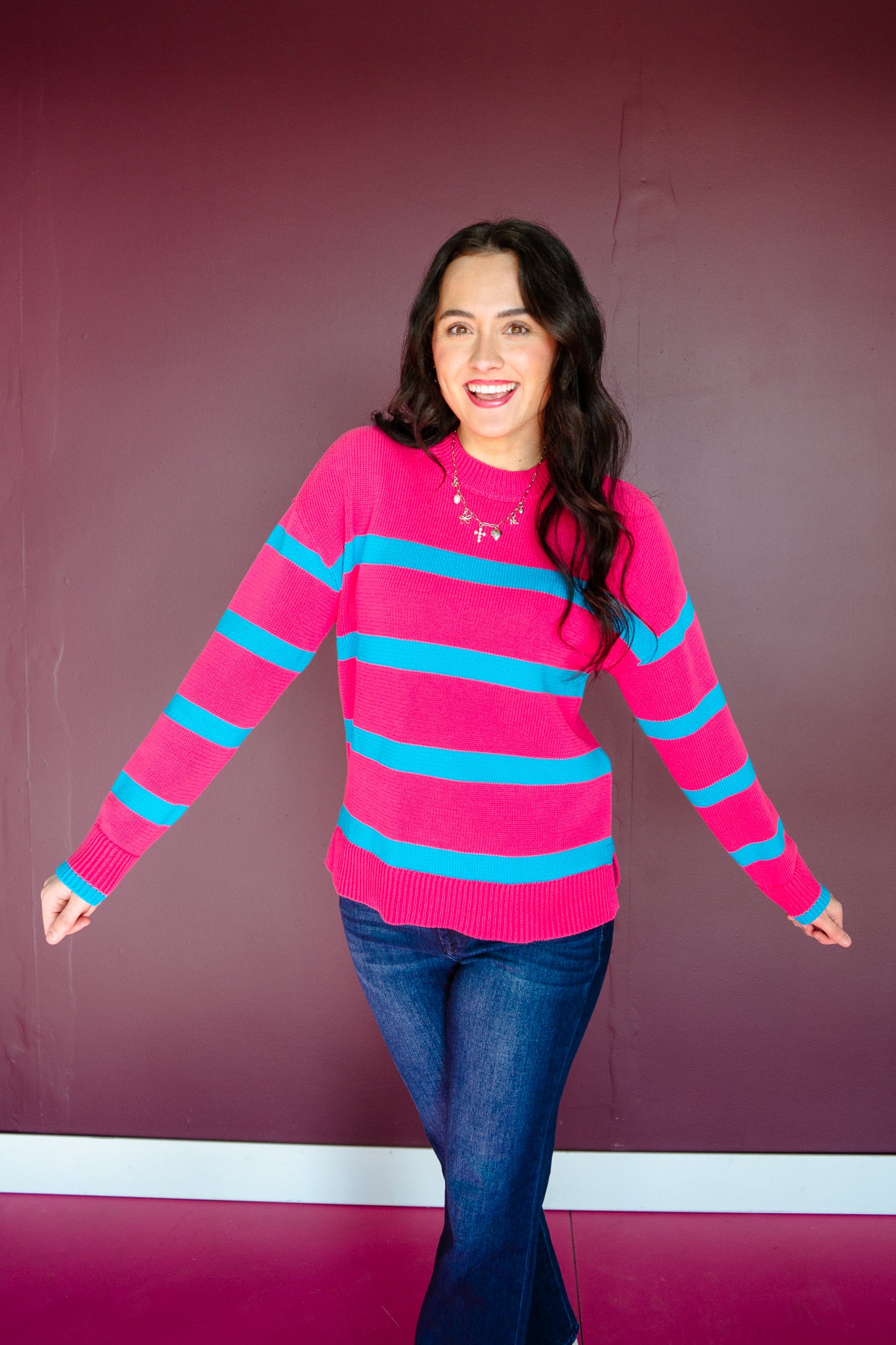 Steph Striped Sweater - Magenta + Turquoise