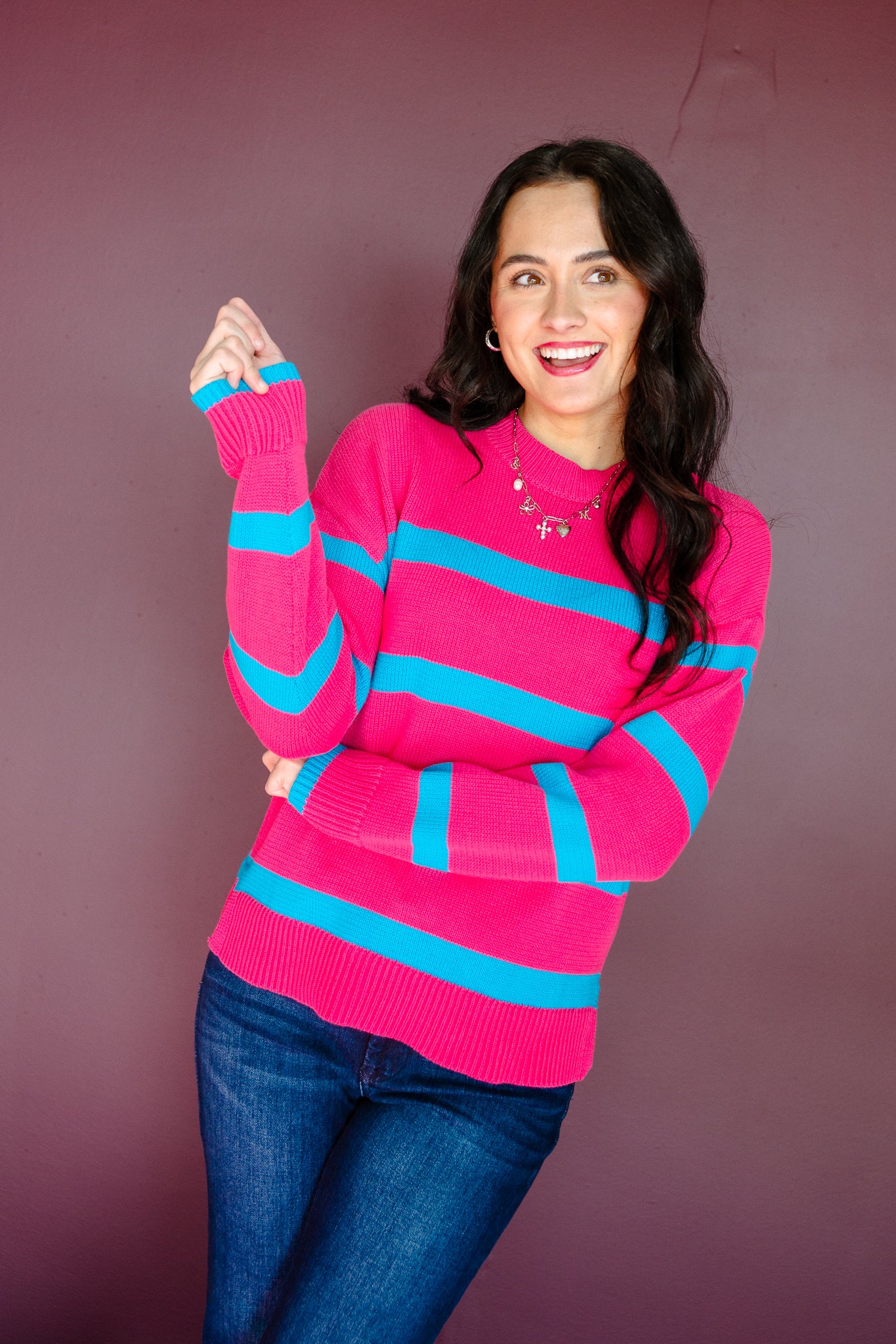 Steph Striped Sweater - Magenta + Turquoise