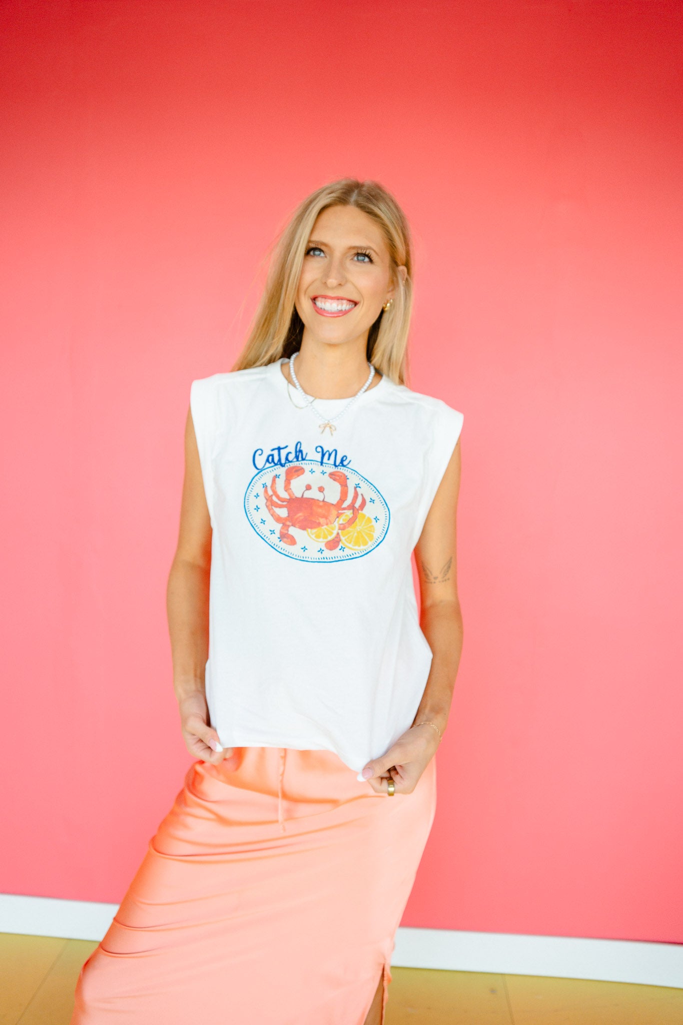 Catch Me Graphic Tank - Soft White + Bright Blue