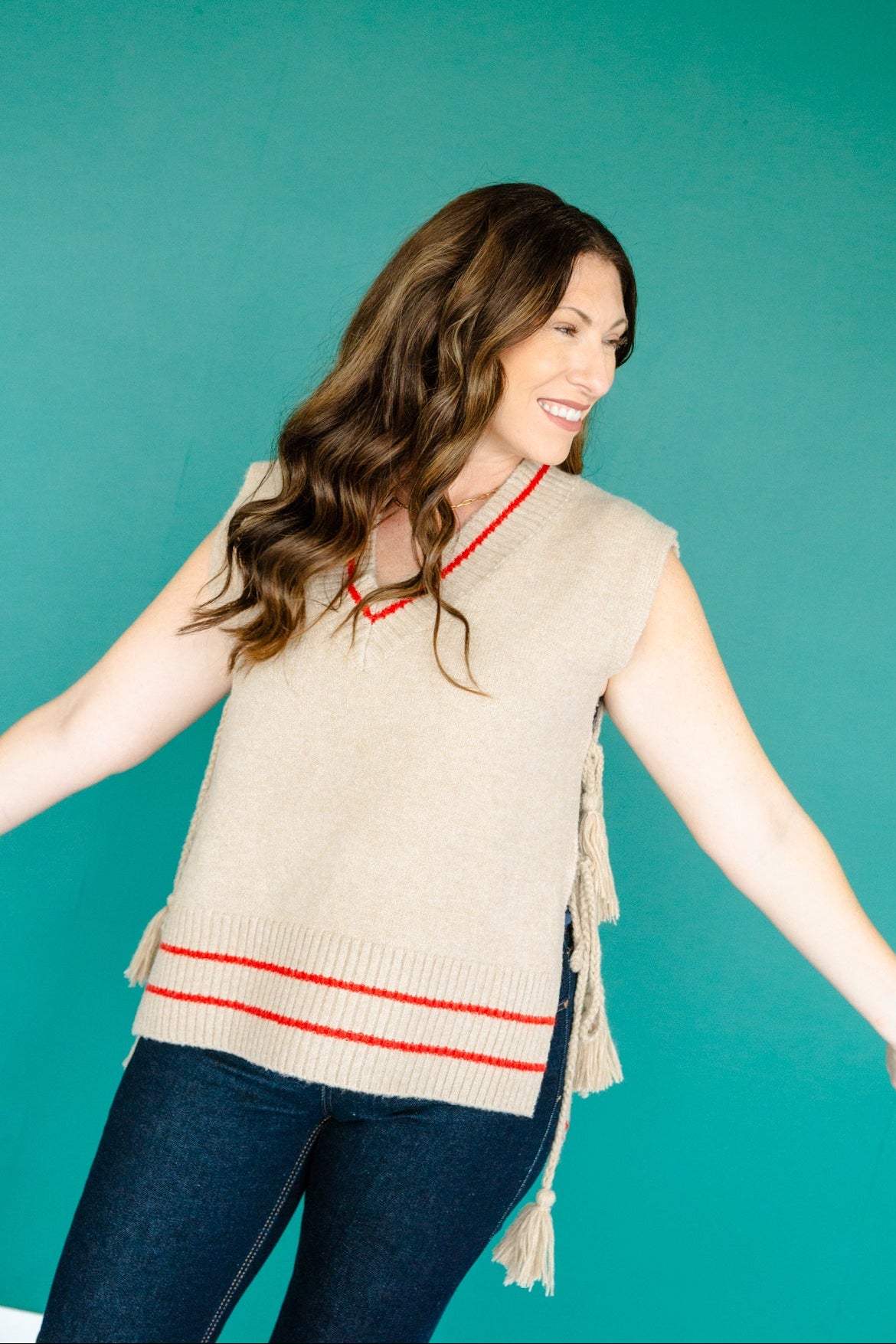 Lola Side Tie Sweater Vest - Beige + True Red