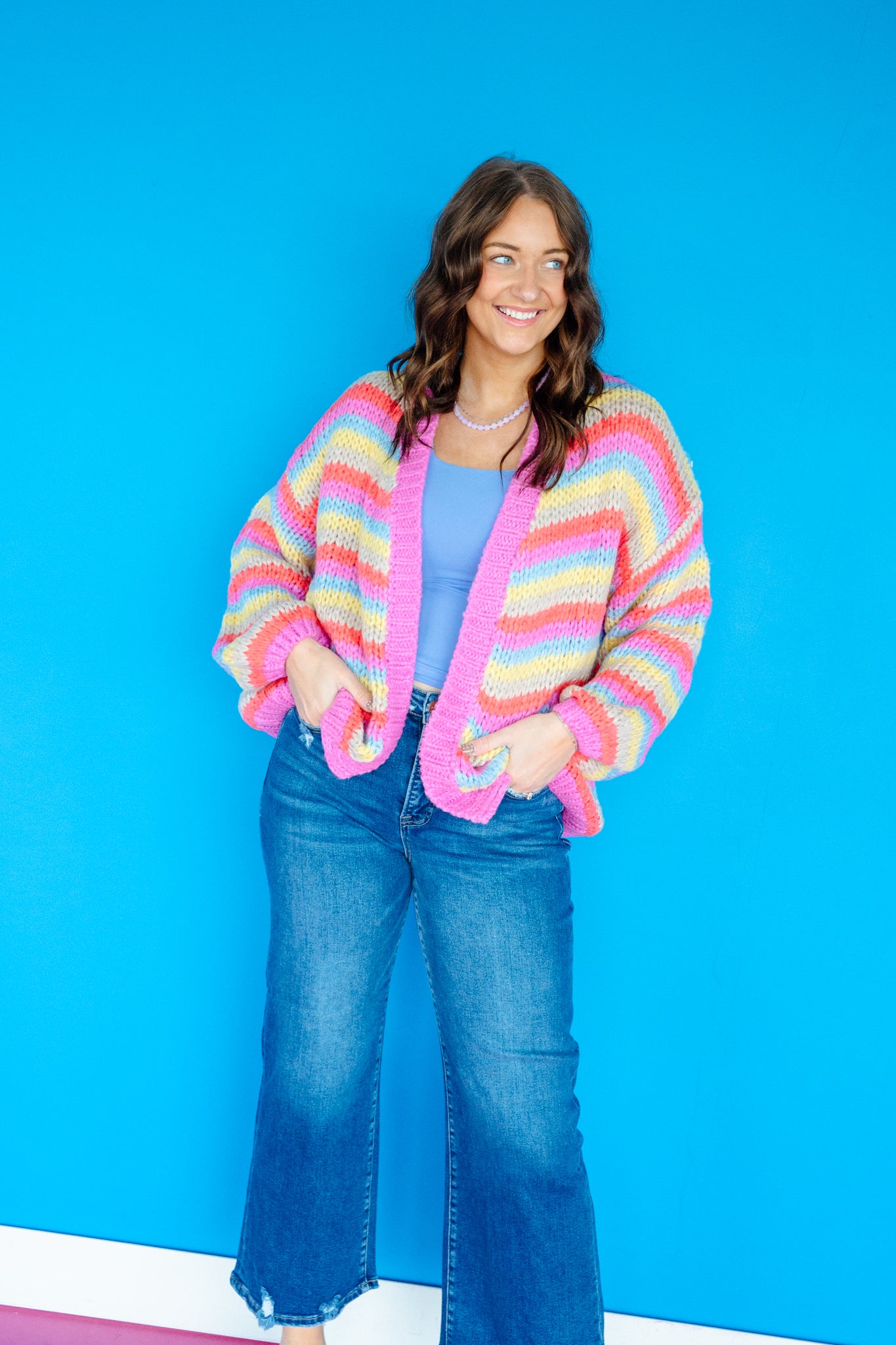 Patsy Knit Cardigan - Coral Red + Duck Egg + Orchid