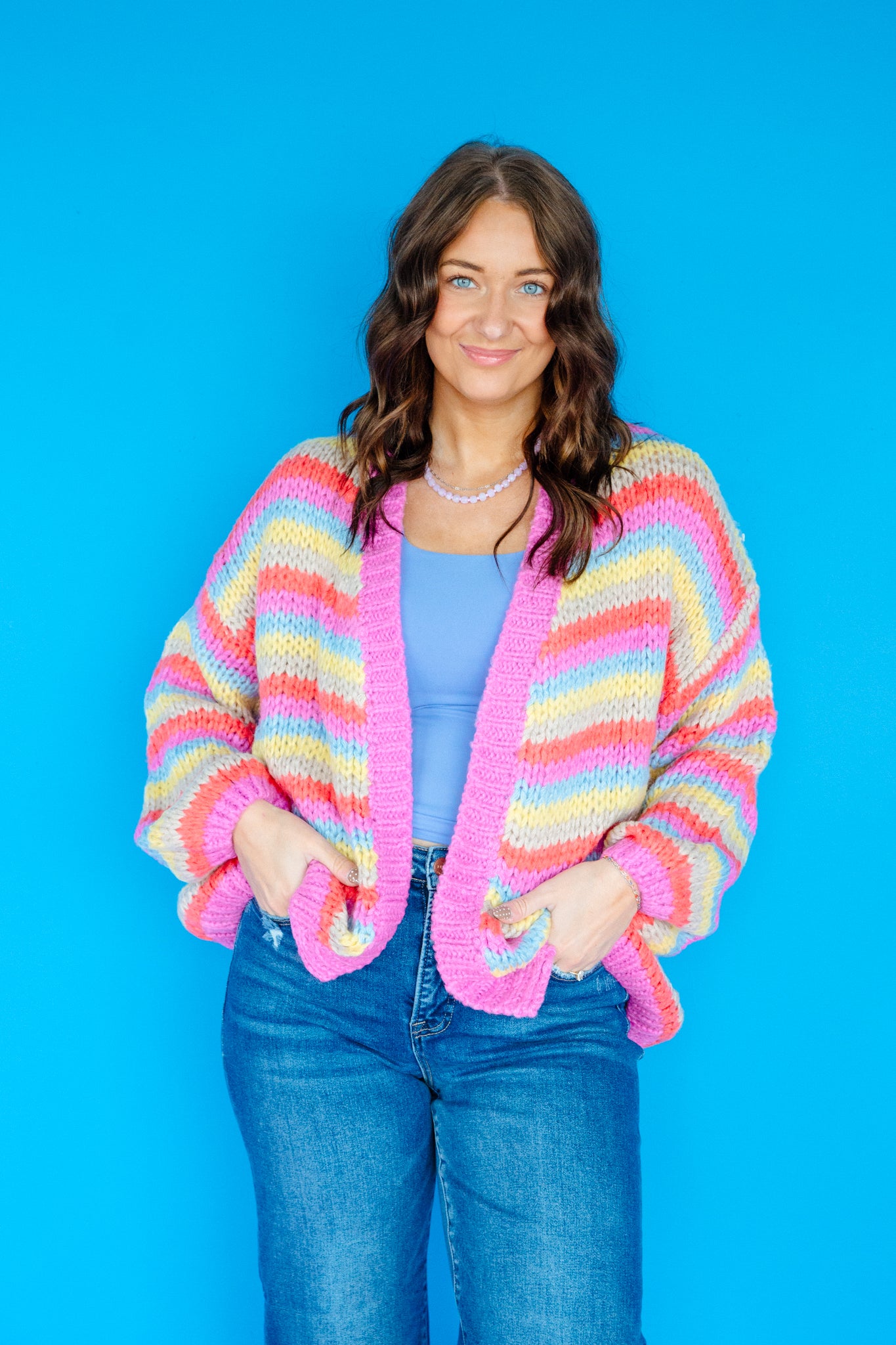 Patsy Knit Cardigan - Coral Red + Duck Egg + Orchid