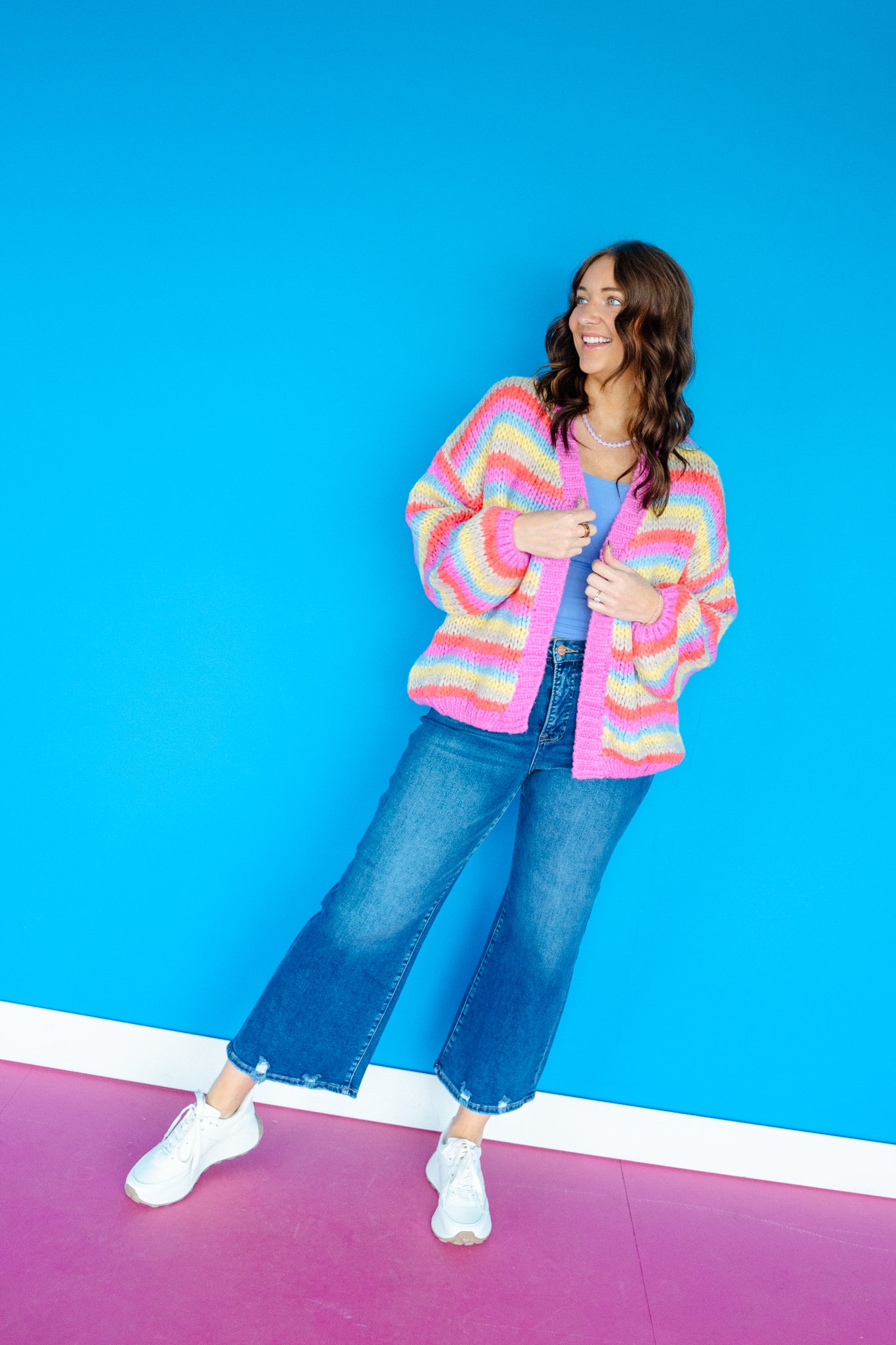 Patsy Knit Cardigan - Coral Red + Duck Egg + Orchid