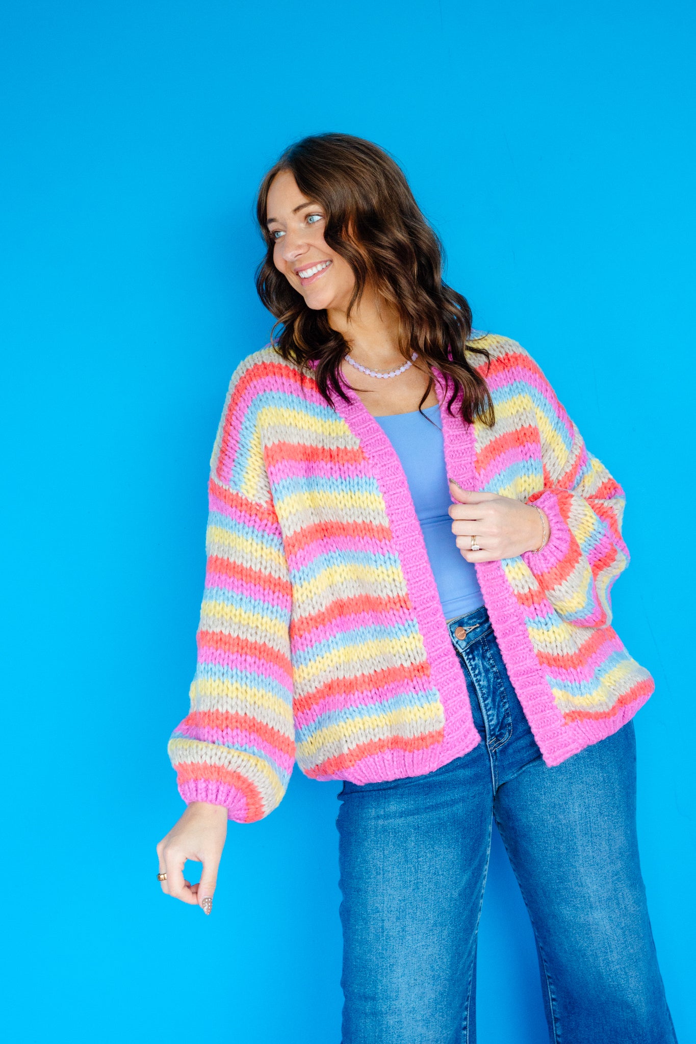 Patsy Knit Cardigan - Coral Red + Duck Egg + Orchid